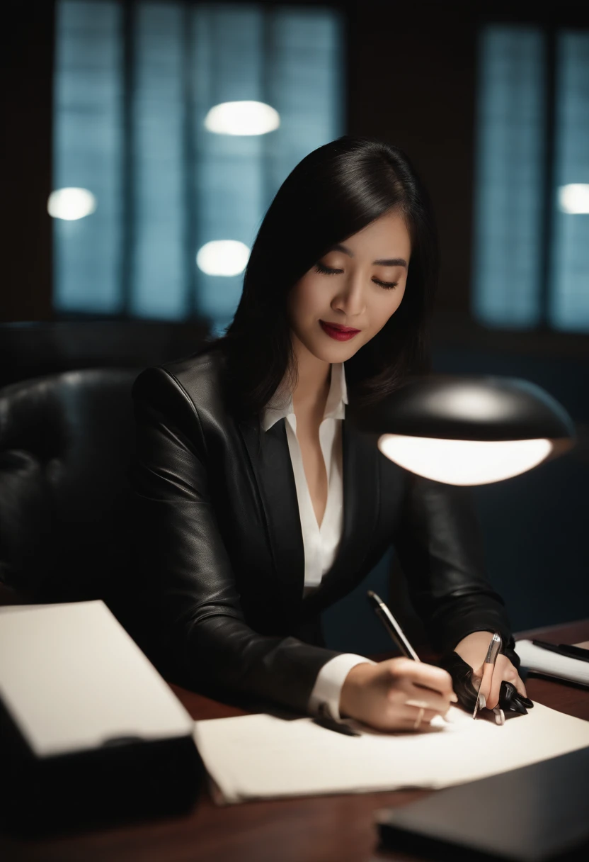 Wearing black leather gloves in both hands, upper body, black business suit, facing the desk in the modern study in the dark, looking down, smiling, writing a letter using a fountain pen, long, straight black hair, young and cute face Japanese female new employee (black leather gloves cover both hands)