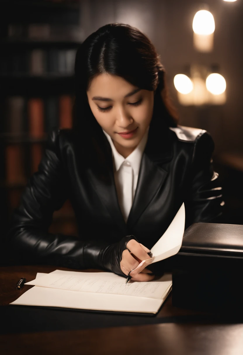 Wearing black leather gloves in both hands, upper body, black business suit, facing the desk in the modern study in the dark, looking down, smiling, writing a letter using a fountain pen, long, straight black hair, young and cute face Japanese female new employee (black leather gloves cover both hands)