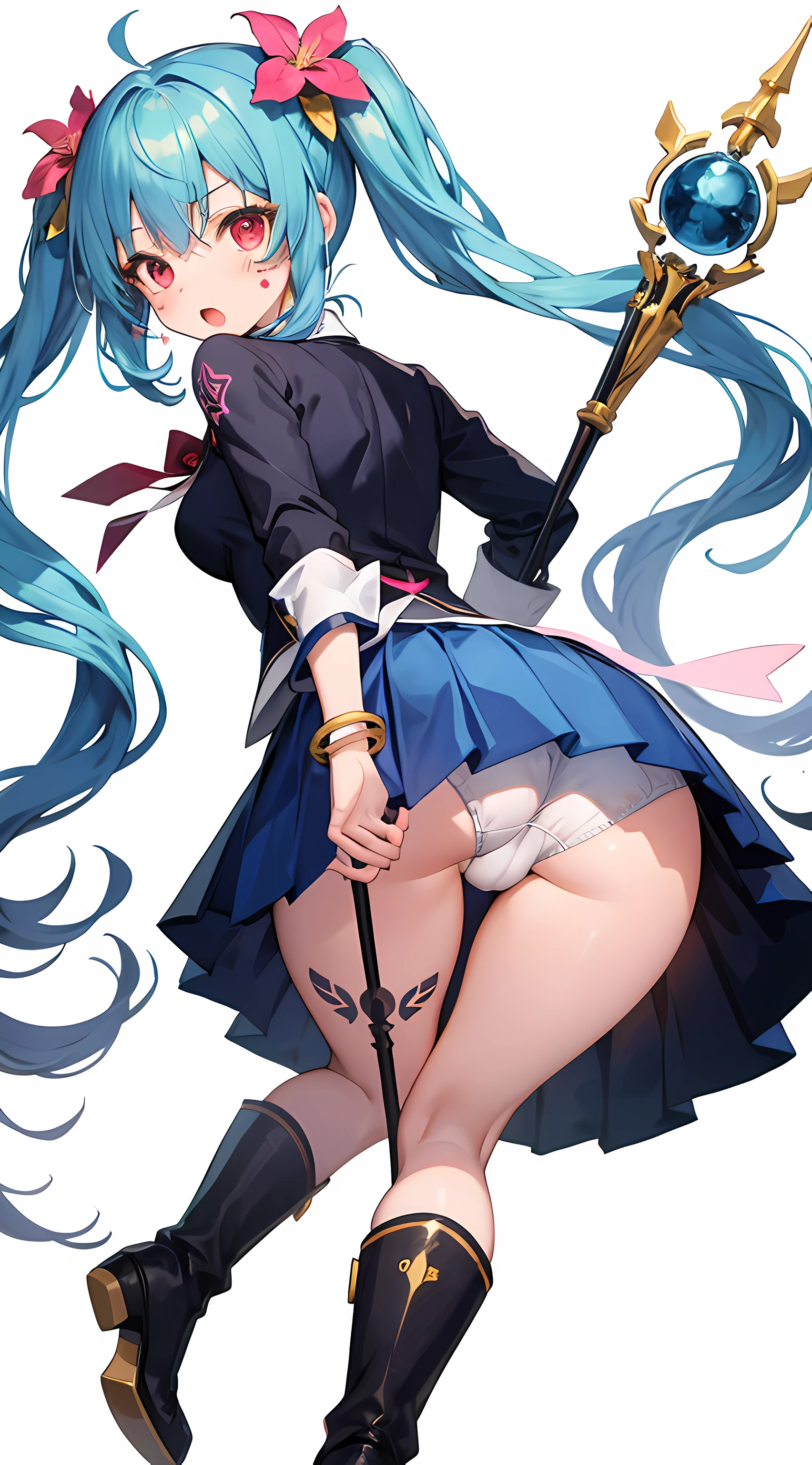 1girl, solo, long hair, looking at viewer, blush, open mouth, skirt, simple background, hair ornament, red eyes, long sleeves, white background, twintails, jewelry, underwear, blue hair, panties, ass, flower, pleated skirt, boots, looking back, hair flower, miniskirt, pink eyes, from behind, white panties, :o, bracelet, cameltoe, facial mark, thigh gap, pantyshot, magical girl, bent over, staff, upskirt, hair rings, tattos in the ass