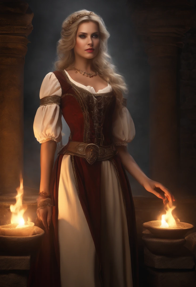 Girl in slave costume(Multi-award-winning masterpieces, With amazing detail, , (Vampire lord:1.6), (Vampire Dynasty:1.6), (A pair of red eyes with crimson light emitted from within.:1.7), (Two thick ones., long, Sharp canine teeth protrude from the lips.:1.6), (The old dress, light dark color, covering the whole body is quite damaged, but elegant and neatly made.:1.8), ((There are only two arms.)), ((Less skin contact)), (Anatomically correct limbs and body.:1.4), ((Medieval World)), ((Amazing visuals.)), ((cinematic light)), (Full-length portraits:1.7), (looking up), (looking down), (dramatic pose), (Charming smoke and light effects), Beautiful blonde hair, Ruins of an old castle, ((Royal catacombs)), Abandoned mine, Abandoned ruins, ((dark night, Full Moon Night, New Moon Night)), epic realistic, ((neutral colors)), (HDR:1.5), (muted colors:1.2), hyper detailed, motion picture, warm lights, dramatic light, (intricate detailed:1.1), intricate background,