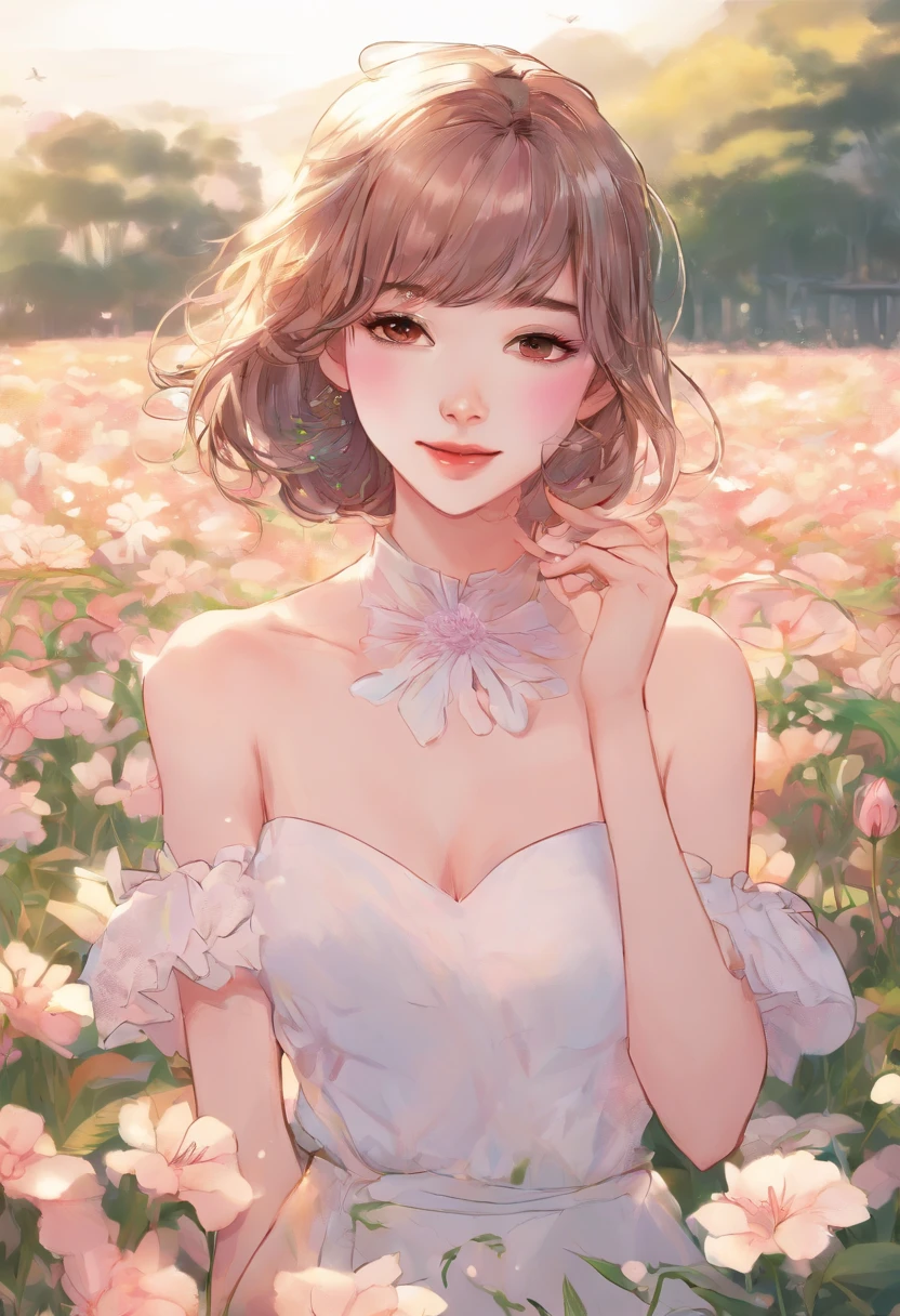 Best quality, Masterpiece, 超高分辨率 (Photorealistic: 1.4), RAW photo, 1 girl, White dress, Bare shoulders, Blooming pink flower field, Glowing skin, Slight smile