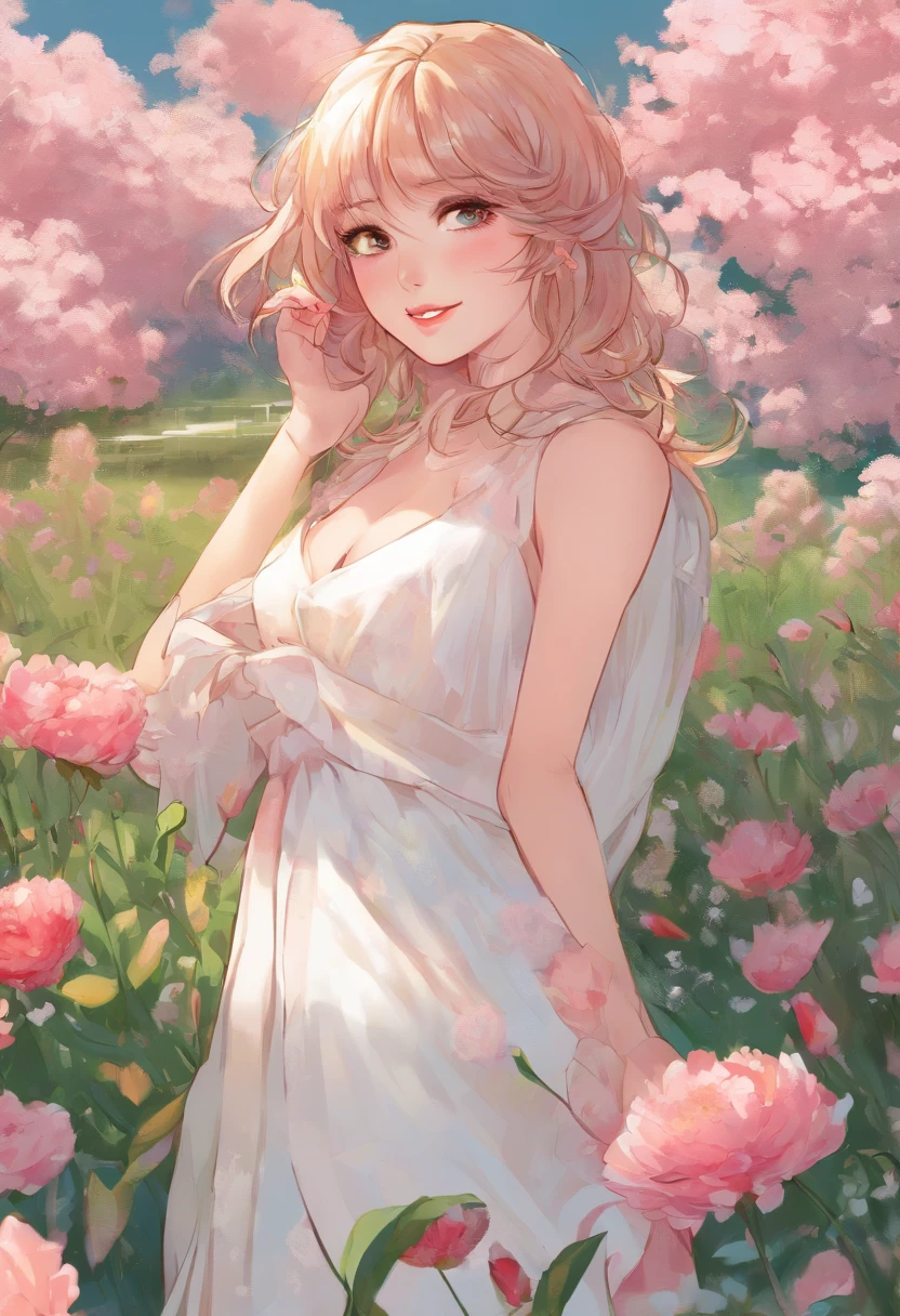 Best quality, Masterpiece, 超高分辨率 (Photorealistic: 1.4), RAW photo, 1 girl, White dress, Bare shoulders, Blooming pink flower field, Glowing skin, Slight smile