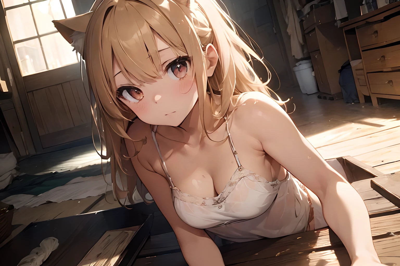 ((Masterpiece)), UHD, wide-shot, cinematic lighting, messy hair, (slightly torn Luxury-Decorated-camisole, slightly exposed breast, Slender small breasts, shy and blush face), (Heavy handcuffs), Textured skin, cat ears, light gold hair, Cute Beautiful girl, sit on the ground, slum town