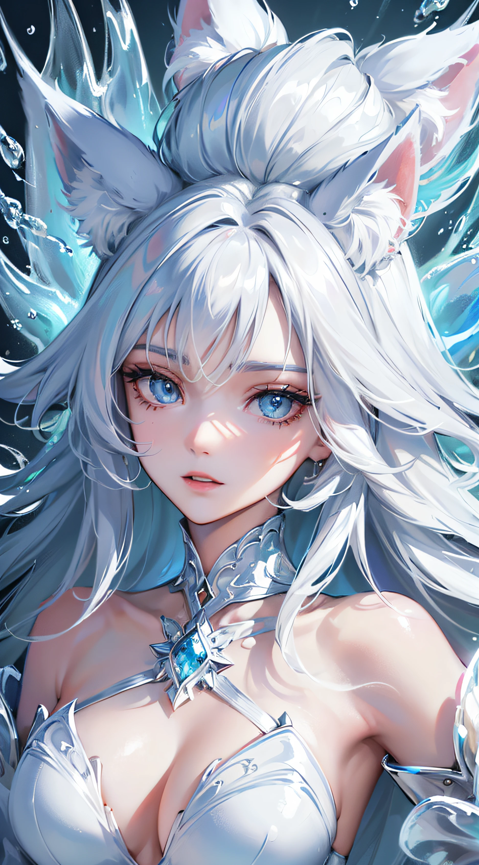 masterpiece, best quality,
official art, extremely
detailed cg 8k wallpaper,
(flying petals)
(detailed ice) , crystals
texture skin, cold
expression, ((fox ears)),
white hair, long
hair, messy hair, blue eye,
looking at viewer,
extremely delicate and
beautiful, water, ((beauty
detailed eye)), highly
detailed, cinematic
lighting, ((beautiful face),
fine water surface, (original
figure painting), ultra-
detailed, incredibly
detailed, (an extremely
delicate and beautiful),
beautiful detailed eyes,
(best quality)