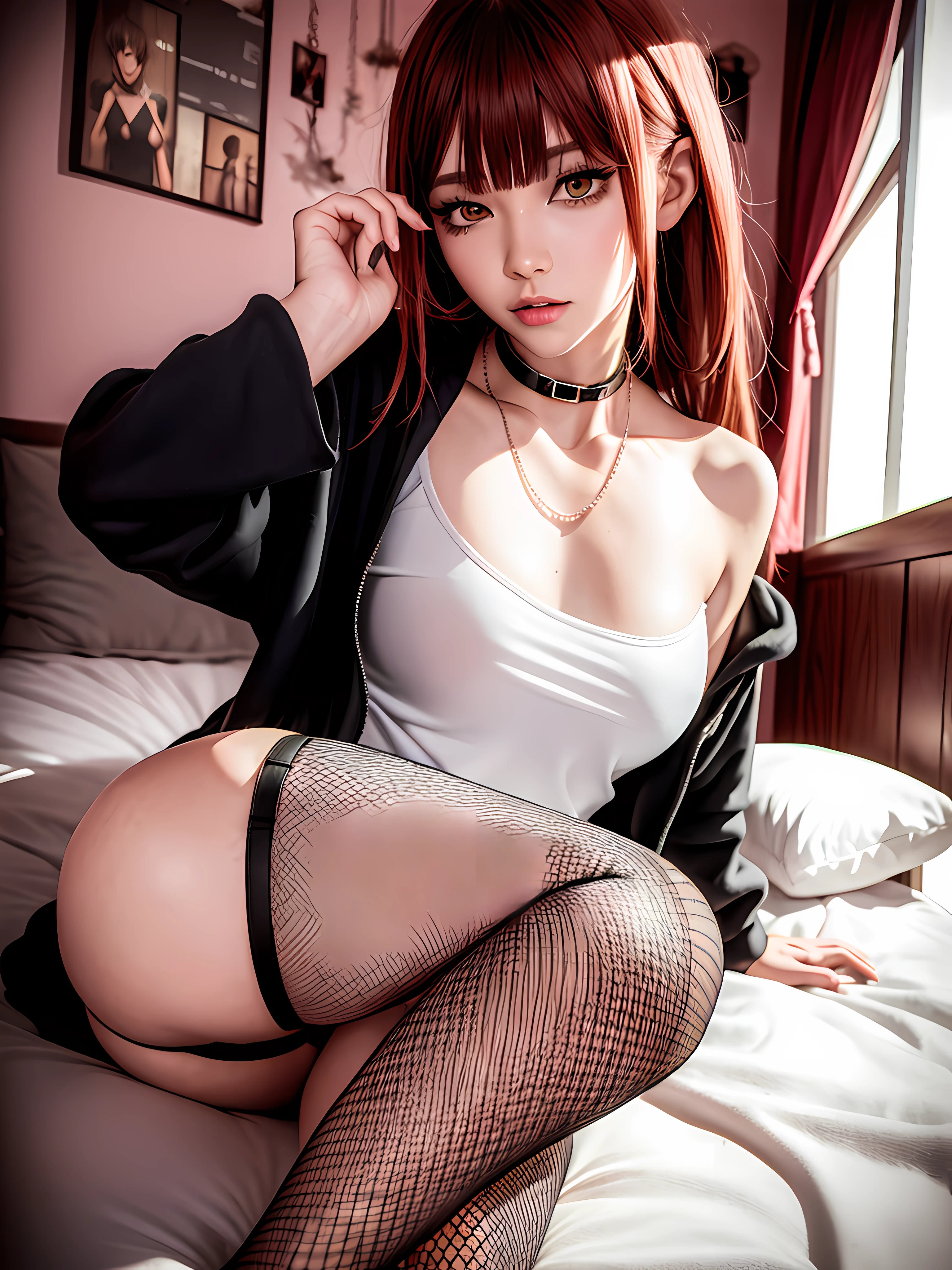 Sitting on a bed, fluffy bedsheets, paintings on the wall, seductive, beauty spot on chin, wearing a loose oversized hoodie, off the shoulder, fishnet leggings, hypebeast fashion, sexy thighs, side pose, small mole on the chin, blushing, neon lights in the background, detailed background, raining, long sleeves, neck choker with necklace, long necklace, evil look, detailed digital anime art