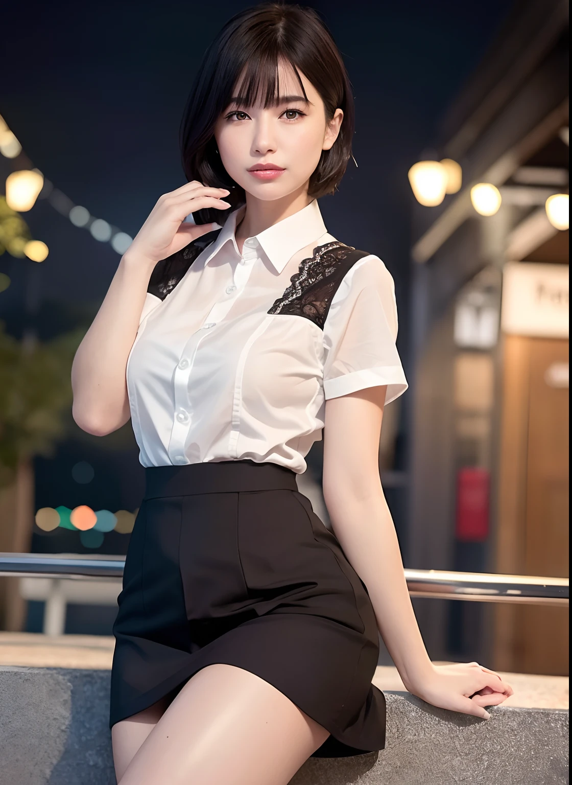 (8k, Best Quality, Masterpiece: 1.2), (Realistic, Photorealistic: 1.37), Super Detailed, 1 Girl, Cute, Alone, Beautiful Detailed Sky, Detailed Cafe, Night, Sitting, Date, ( Nose blush), (smile: 1.15), (close mouth) small breasts, beautiful details, (collared shirt: 1.1), night, wet, business wear, rain, white lace, (short hair: 1.2), floating Hair NovaFrogStyle,