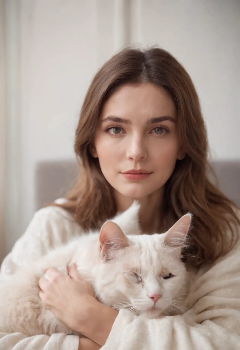 woman dressed in comfortable clothes on her bed with her cat, 80s style, half body shot, high quality photo