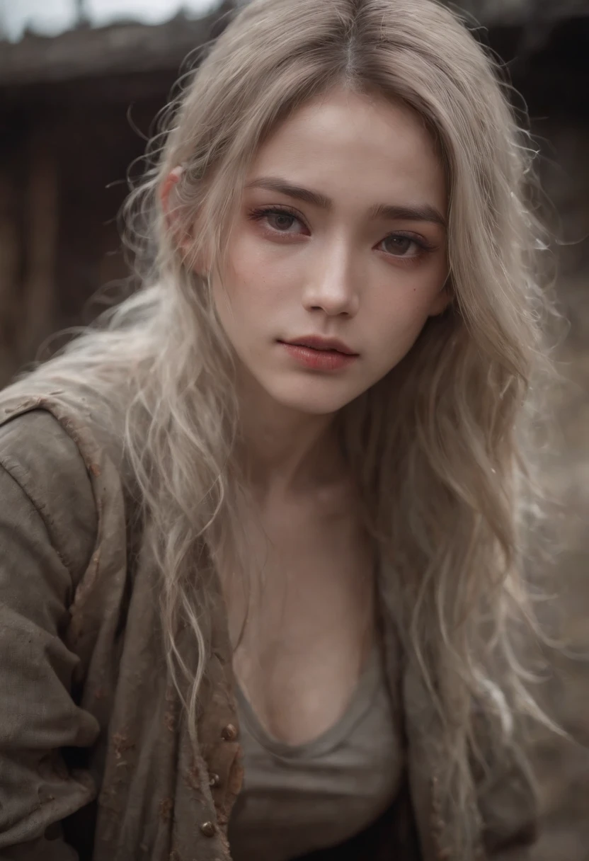 A breathtakingly beautiful girl, Radiant and charming eyes, Cold and intense, Long flowing hair, Sweaty body, Post-apocalyptic punk shirt, Short shorts, boot, Ultra photo realsisim, Realistic, best quality real texture skin, movie atmosphere, Tattered clothes, (Post-apocalyptic punk, Post-apocalyptic fiction), A post-apocalyptic world where buildings collapse, (blood stain), The art of Rei Kurahashi, Haunting and solemn, A beam of light shines through, Illuminate the gloomy environment, (Best quality, Masterpiece, Depth of field, Full-HD, 4K, Richness of detail), Portrait style,Upper body