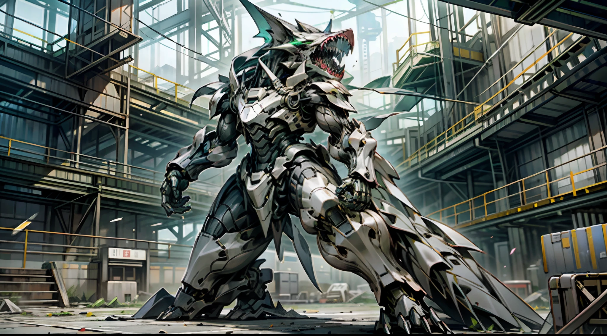 A thirty-meter-tall aggregation beast had completely torn open the hangar gate!
Its head is constructed like a hammerhead shark,Three pairs of glowing green eyes are neatly coiled around the edge of the skull,The thick, powerful forelimbs allow it to stand hunched over,A claw about the size of a head is enough to shred any artificial armor,Three pointed ends covered in scales swung wantonly behind him。