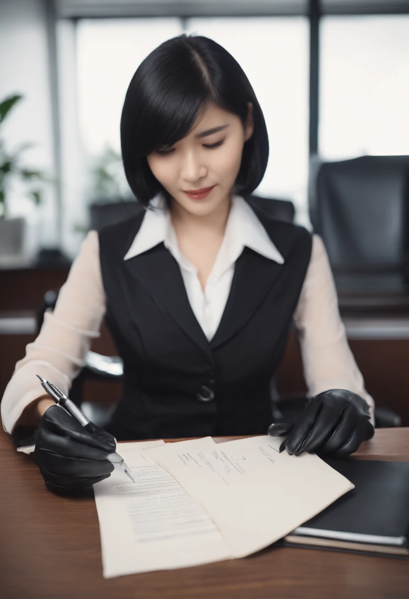 Wearing black leather gloves in both hands, upper body, black business suit, facing the desk in the modern study in the dark, looking down, smiling, writing a letter using a fountain pen, long, straight black hair, young and cute face Japanese female new employee (black leather gloves cover both hands)