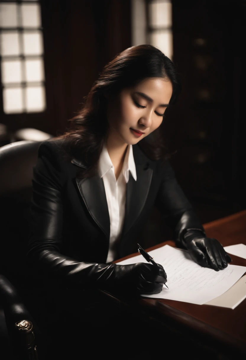 Wearing black leather gloves in both hands, upper body, black business suit, facing the desk in the modern study in the dark, looking down, smiling, writing a letter using a fountain pen, long, straight black hair, young and cute face Japanese female new employee (black leather gloves cover both hands)