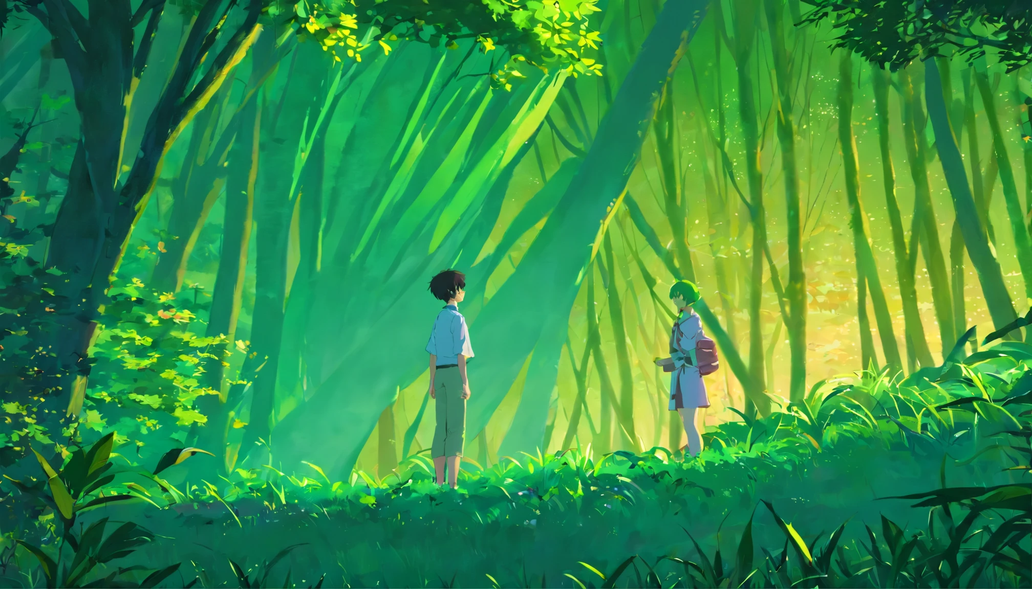 A scene on the edge of the forest on a moonlit night. A character with short green hair and white clothes stands among the trees facing the viewer. This character holds an exotic snake that coils around his arms and seems to be an extension of himself. The soft moonlight highlights these characters, creating a mysterious silhouette.