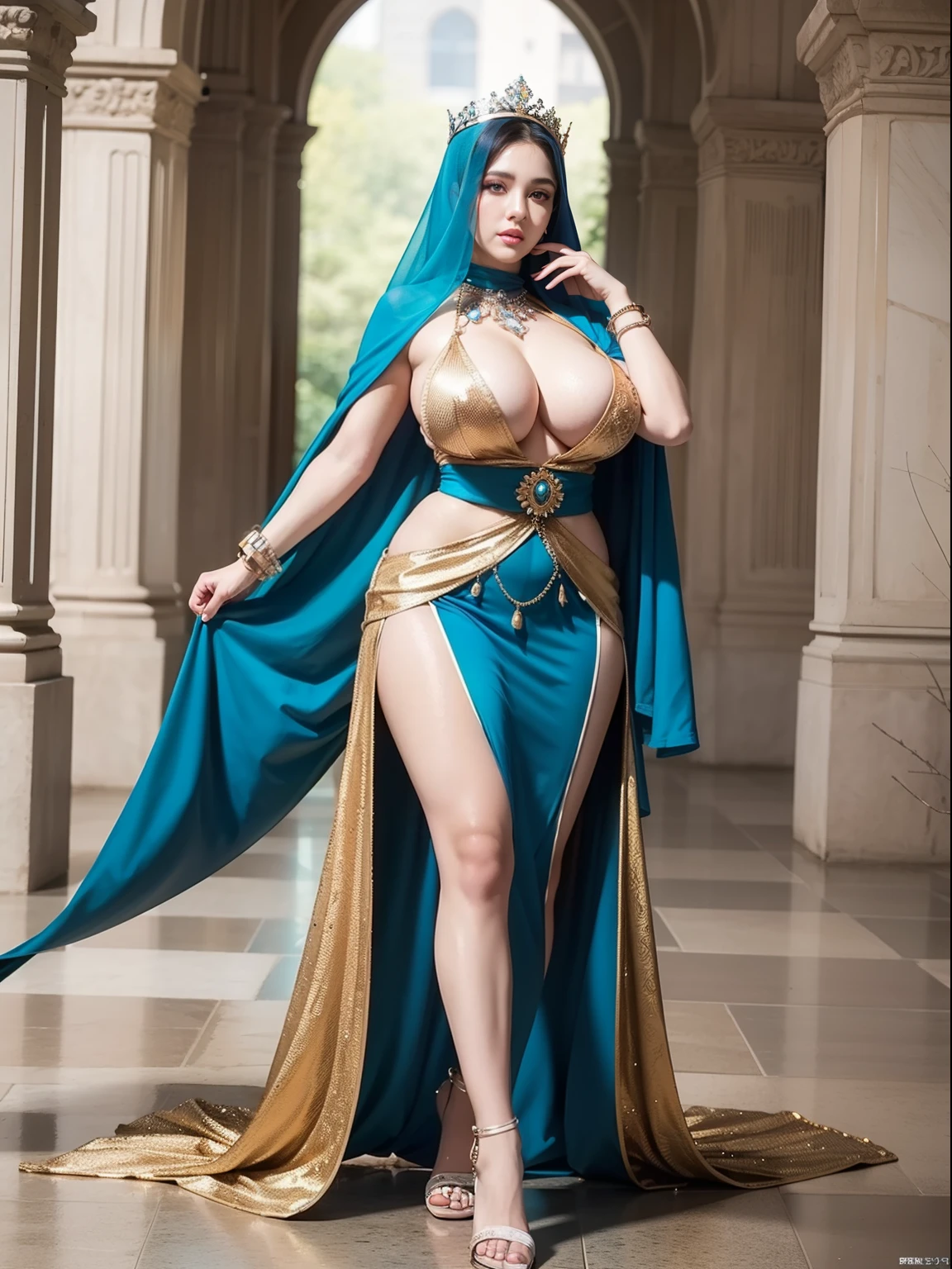 sexy fat and hot fat Arab princess wearing a blue hijab, detailed face, dark-brown eyes,perut buncit,full length body standing at the park, big boobs ,gigatic boobs ,areola puffy, exquisite clothing detail, sharp and clear focus, highly detailed, art station, concept art, light makeup, hyper-realistic, 32K Ultra HD