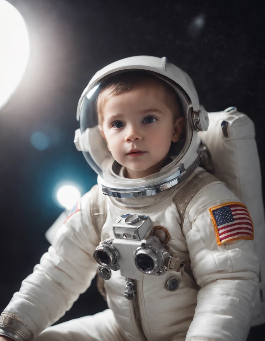 Best Quality, Masterpiece, Ultra High Res, Detailed Background, Realistic, Solo, Male *********** Boy with Brown Hair, Short, Light Eyes with Light Smile, In Astronaut Outfit,
background of a male child's room,