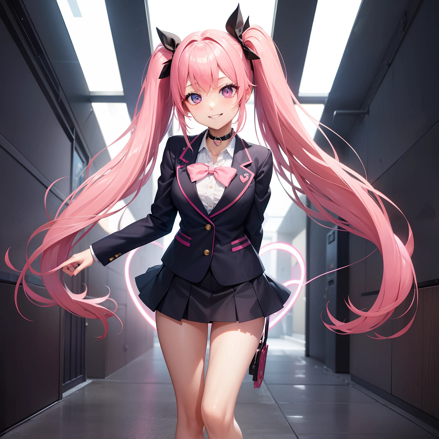 full body Esbian, masutepiece: 1.2, Highest Quality), (Live-action, elaborate details), (1 Lady, Solo, Upper body,) Clothing: Edgy, Navy Blazer, pink miniskirt, High School Uniform , long hair with pink twin tails,,,,、Avant-garde, Experimental appearance: Long pink twin tail hair 、Heart-shaped choker、The location: School, crass room, Solo, Nice smile, spark of light, rainbows、brilliance、Value Creation in Mixed Media Art: individuality, authenticity, Creative expression