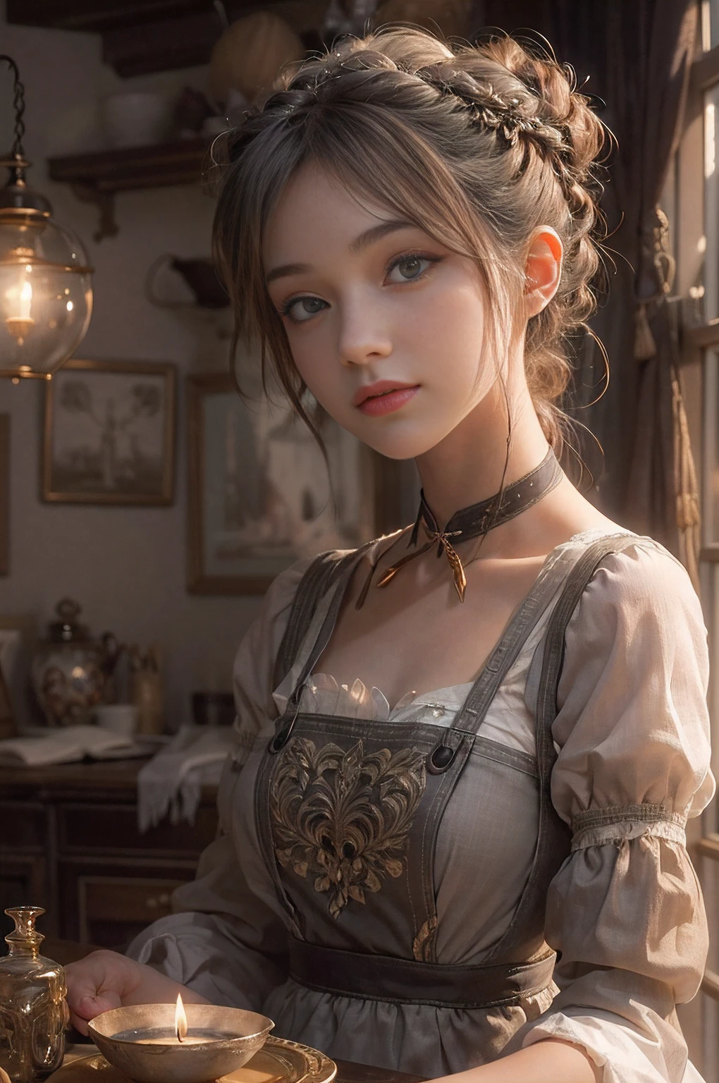 ((best Quality: 1.4)), (Unparalleled Masterpiece), (Ultra High Definition) , (Ultra Realistic 8k CG),(half body image ),(ultra detailed),(maid ),(art by Jean Baptiste Monge), highly detailed maid clothes, half_apron ,stunningly beautiful , highly detailed beautiful hair , highly detailed hairstyle, cinematic, happy ,in old western house, candle lighting, Use a backlighting effect to add depth to the image, Anisotropic Filtering, Depth of Field, Maximum clarity and sharpness, ,8 life size , thicc body:0.8 ,perfect anatomy , symmetrical and balanced, beautiful gradient , sharp focus, golden ratio, Centered image, Beautiful Composition,