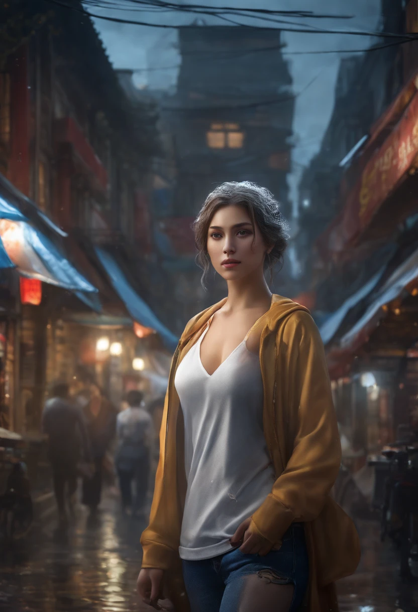 raining night,City,A beautiful woman in a tracksuit wears a sportswear on the bustling streets of Gintama, surrounded by vendors, beautiful portrait of a stunning goddess girl, Beautiful detailed face, Porcelain skin, Full body shot, Centered, ultra soft lighting, symetry, Intricate, elegant, Highly detailed, Photorealistic, art stations, concept-art, smooth, as imagined by greg rutkowski and borris vallejo, cover, in fashion style