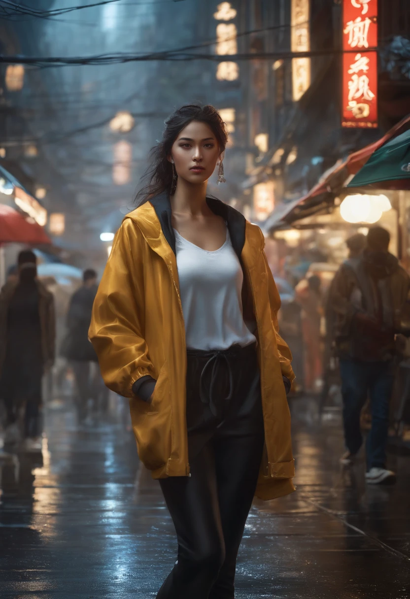 raining night,City,A beautiful woman in a tracksuit wears a sportswear on the bustling streets of Gintama, surrounded by vendors, beautiful portrait of a stunning goddess girl, Beautiful detailed face, Porcelain skin, Full body shot, Centered, ultra soft lighting, symetry, Intricate, elegant, Highly detailed, Photorealistic, art  stations, concept-art, smooth, as imagined by greg rutkowski and borris vallejo, cover, in fashion style