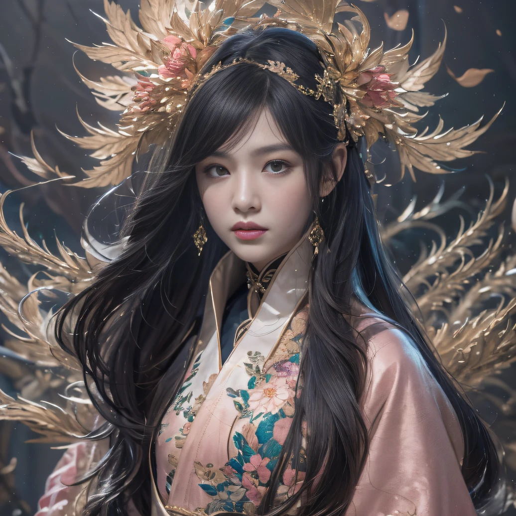 32K（tmasterpiece，k hd，hyper HD，32K）Long flowing black hair，ponds，zydink， a color， Xuzhou people （Silly girl）， （Silk scarf）， Combat posture， looking at the ground， long whitr hair， Floating hair， Carp pattern headdress， Chinese long-sleeved clothing， （abstract ink splash：1.2）， Pink petal background，Pink and white lotus flowers fly（realisticlying：1.4），Black color hair，Fallen leaves flutter，The background is pure， A high resolution， the detail， RAW photogr， Sharp Re， Nikon D850 Film Stock Photo by Jefferies Lee 4 Kodak Portra 400 Camera F1.6 shots, Rich colors, ultra-realistic vivid textures, Dramatic lighting, Unreal Engine Art Station Trend, cinestir 800，Long flowing black hair，Denim skirt