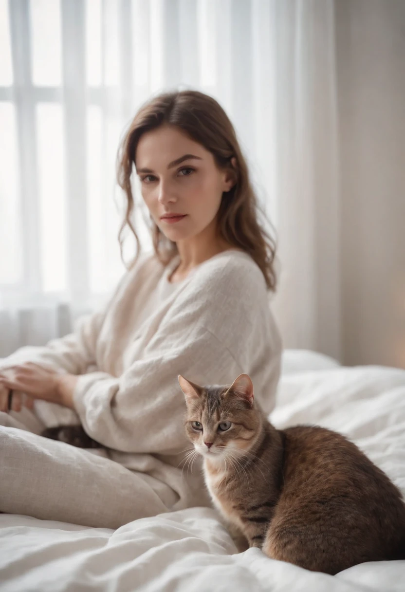 woman dressed in comfortable clothes on her bed with her cat, 80s style, medium close-up, high quality photo