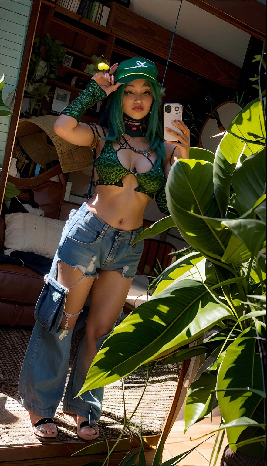 araffed woman taking a selfie in a mirror with a green hat, her belly button is exposed, green hair, exposed midriff, wearing a sexy cropped top, tinyest midriff ever, sydney sweeney, baggy jeans, beautiful midriff, physical, green hair, : tinyest midriff ever, outfit photo, full body!! maximalist details