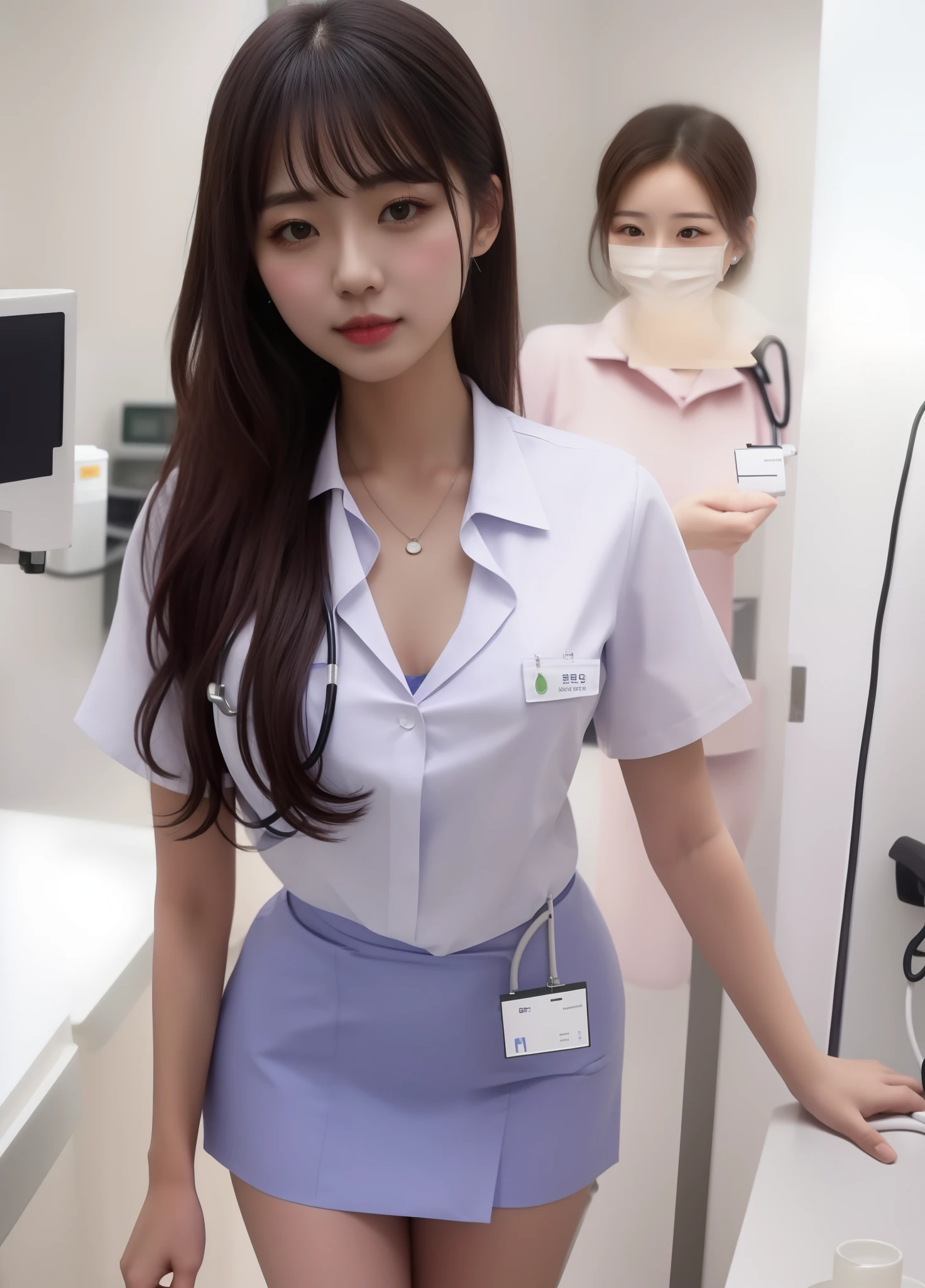 (RAW photo, best quality), (realistic, photo-realistic:1.3), wide angle photo, masterpiece, 1girl, cute, young, (full body), large breast, realistic face, (((disclosing her panty inside))), standing, diffuse light and create a soft, even glow
in hospital ((operating room)), surgical gloves, medical equipment, anesthesia machine
((((White)))) nurse uniform smooth, nurse, nurse hat, stethoscope ,