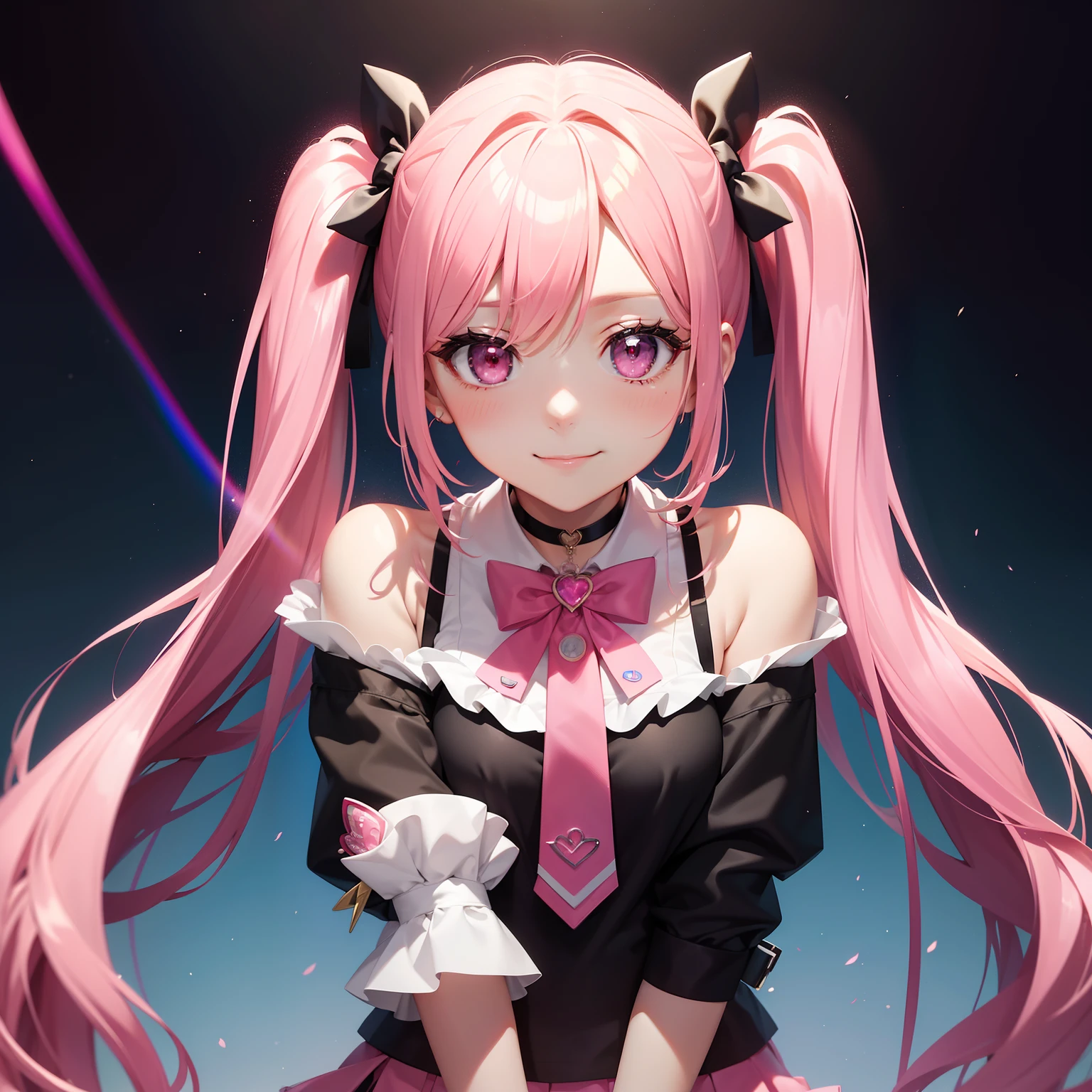 full body Esbian, masutepiece: 1.2, Highest Quality), (Live-action, elaborate details), (1 Lady, Solo, Upper body,) Clothing: Edgy, Navy Blazer, pink miniskirt, High School Uniform , long hair with pink twin tails,,,,、Avant-garde, Experimental appearance: Long pink twin tail hair 、Heart-shaped choker、The location: School, crass room, Solo, Nice smile, spark of light, rainbows、brilliance、Value Creation in Mixed Media Art: individuality, authenticity, Creative expression
