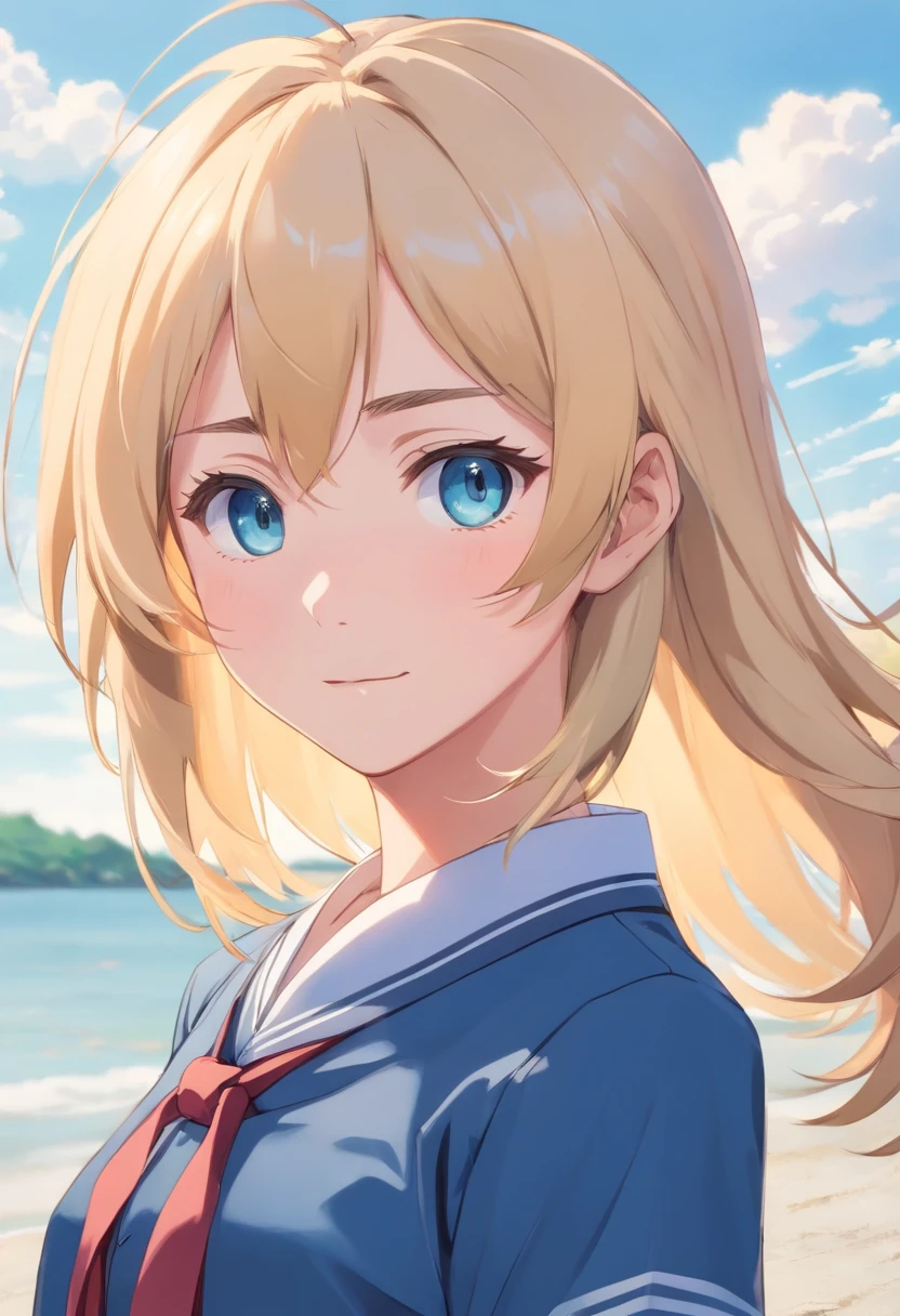 (anime girl): hair: blonde, eyes: slightly light and bright blue, (Japanese student uniform)
{looking at the viewer with a slight smile and with his hands behind him}.
[flawless anime style, masterpiece with good style]