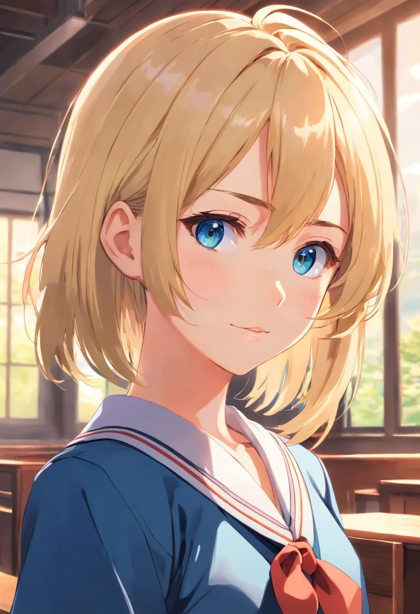 (anime girl): hair: blonde, eyes: slightly light and bright blue, (Japanese student uniform)
{looking at the viewer with a slight smile and with his hands behind him}.
[flawless anime style, masterpiece with good style]