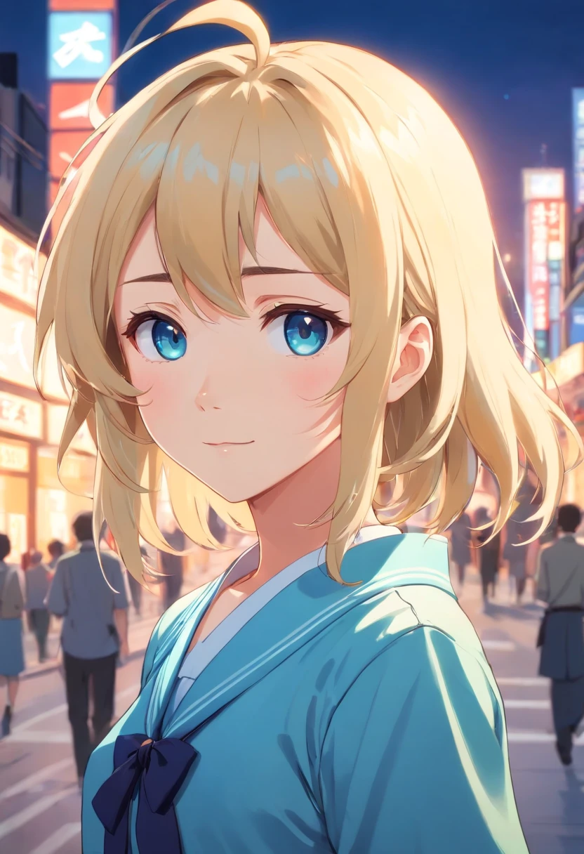 (anime girl): hair: blonde, eyes: slightly light and bright blue, (Japanese student uniform)
{looking at the viewer with a slight smile and with his hands behind him}.
[flawless anime style, masterpiece with good style]