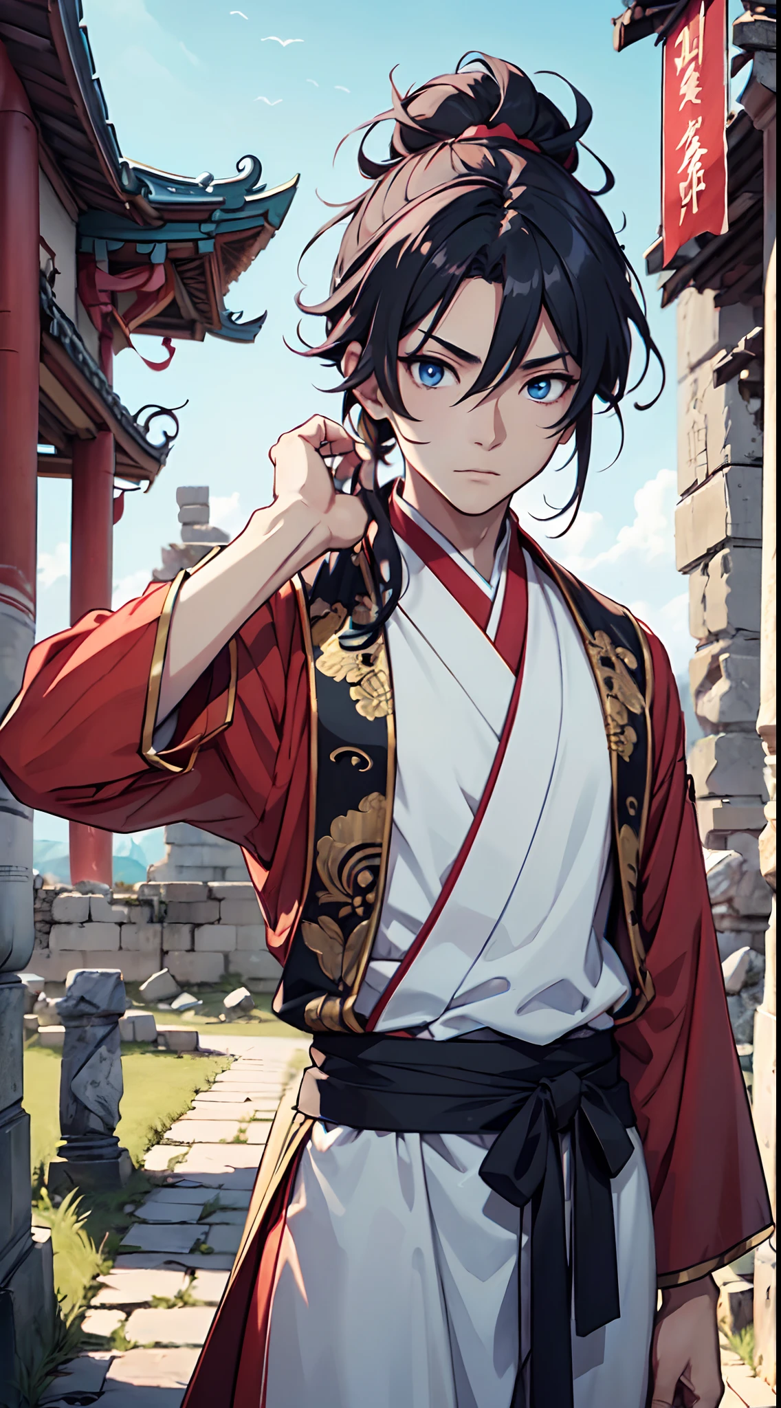 Ultra High Definition, Ultra High Quality, Extremely Detailed, Perfectly Detailed, Masterpiece, 8k, 1 Boy, Look A Like Xin From Kingdom Anime, Handsome, Equipped With Chinese Emperor Silk Clothes, Solid Light Blue Eyes, Long Red Hair, Holding A Perfectly Detailed Awesome Katana, Body Shot, Ancient Ruins Background