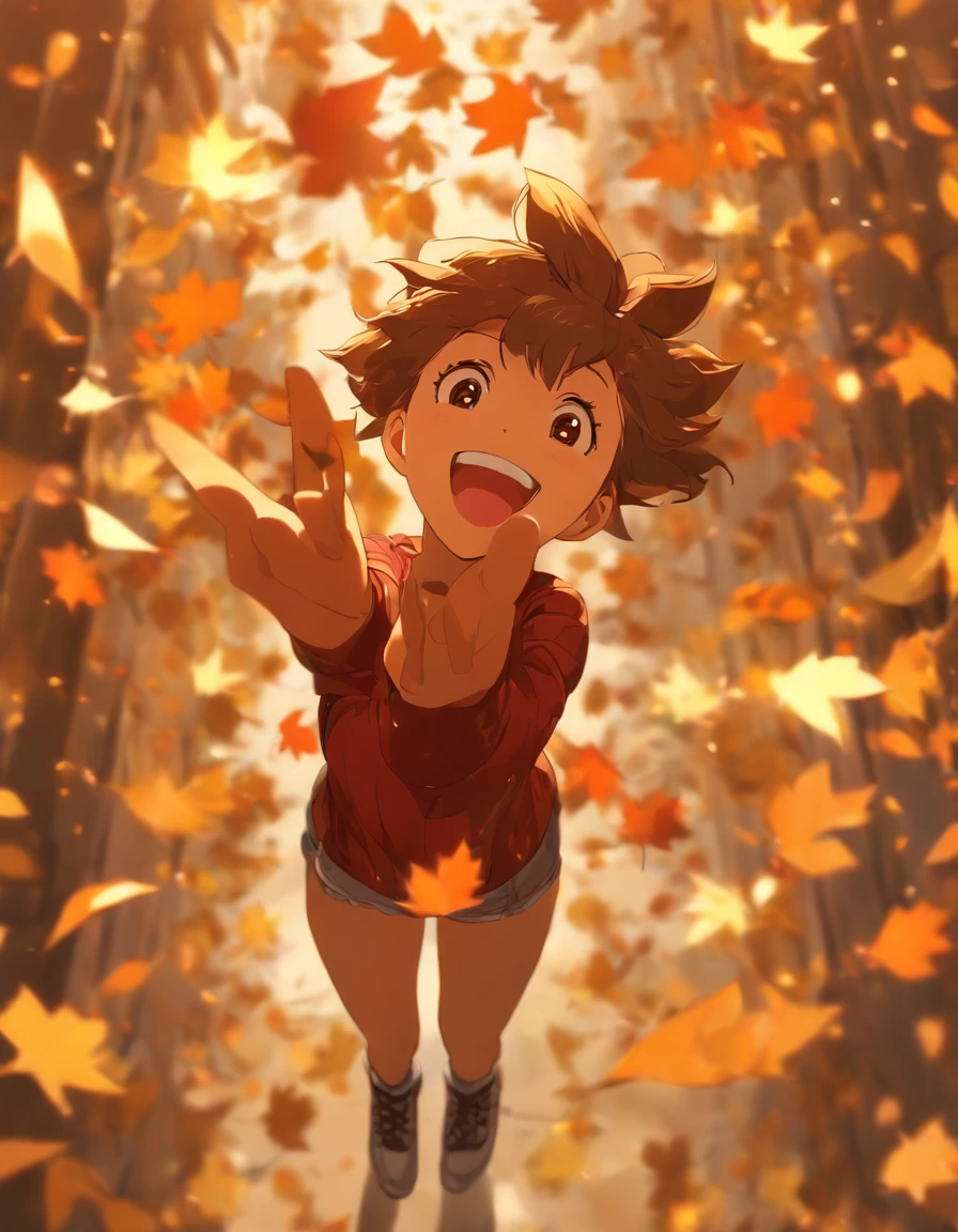 foreshortening, (depth of fields:1.5), masutepiece, (Best Quality:1.3), 1girl in, Brown hair, Brown eyes, short-hair, Solo, Looking up,Red or orange fallen leaves、(Background of autumn leaves:1.2)、Both hands are holding the falling leaves、, Laughing with open mouth, Dappled sunlight,full body Esbian、