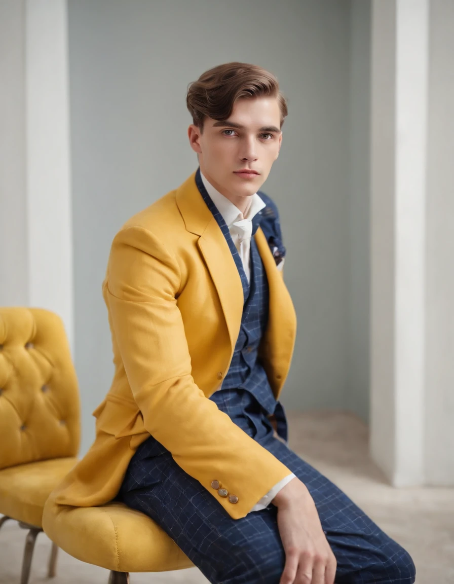 young man in vintage art nouveau style, wearing navy checkered suit, arms crossed and sitting on back of yellow retro chair, medium close up, side shot, white room, high quality photo