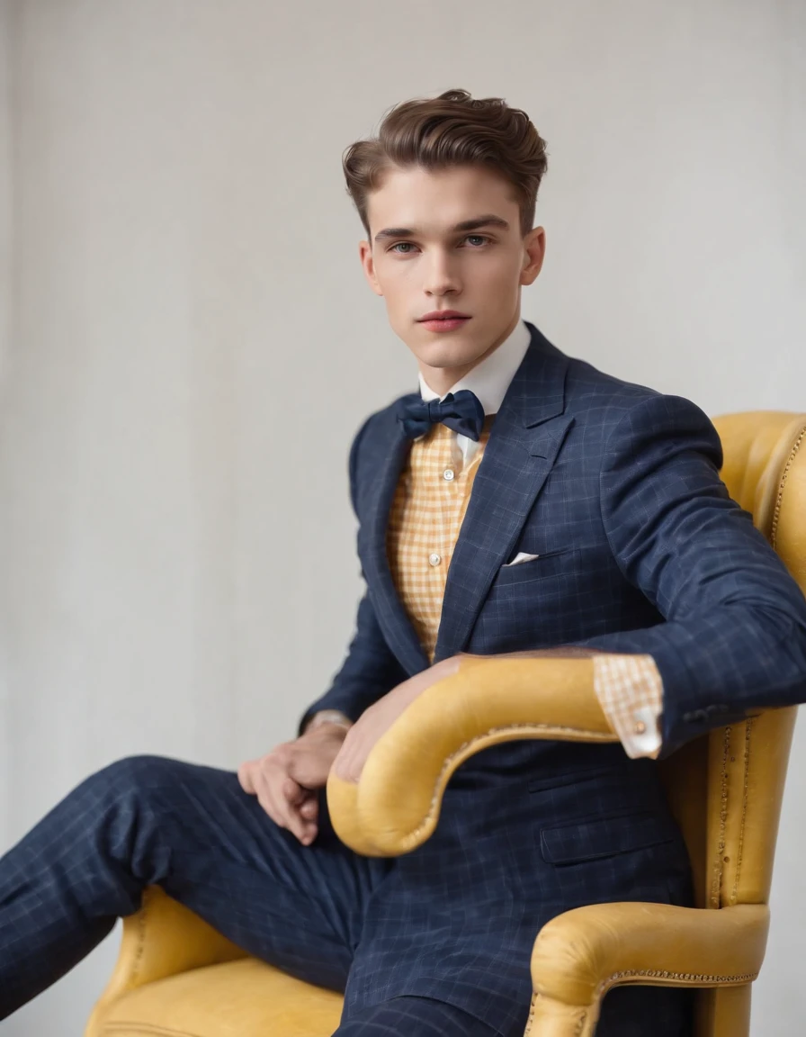 young man in vintage art nouveau style, wearing navy checkered suit, arms crossed and sitting on back of yellow retro chair, medium close up, side shot, white room, high quality photo