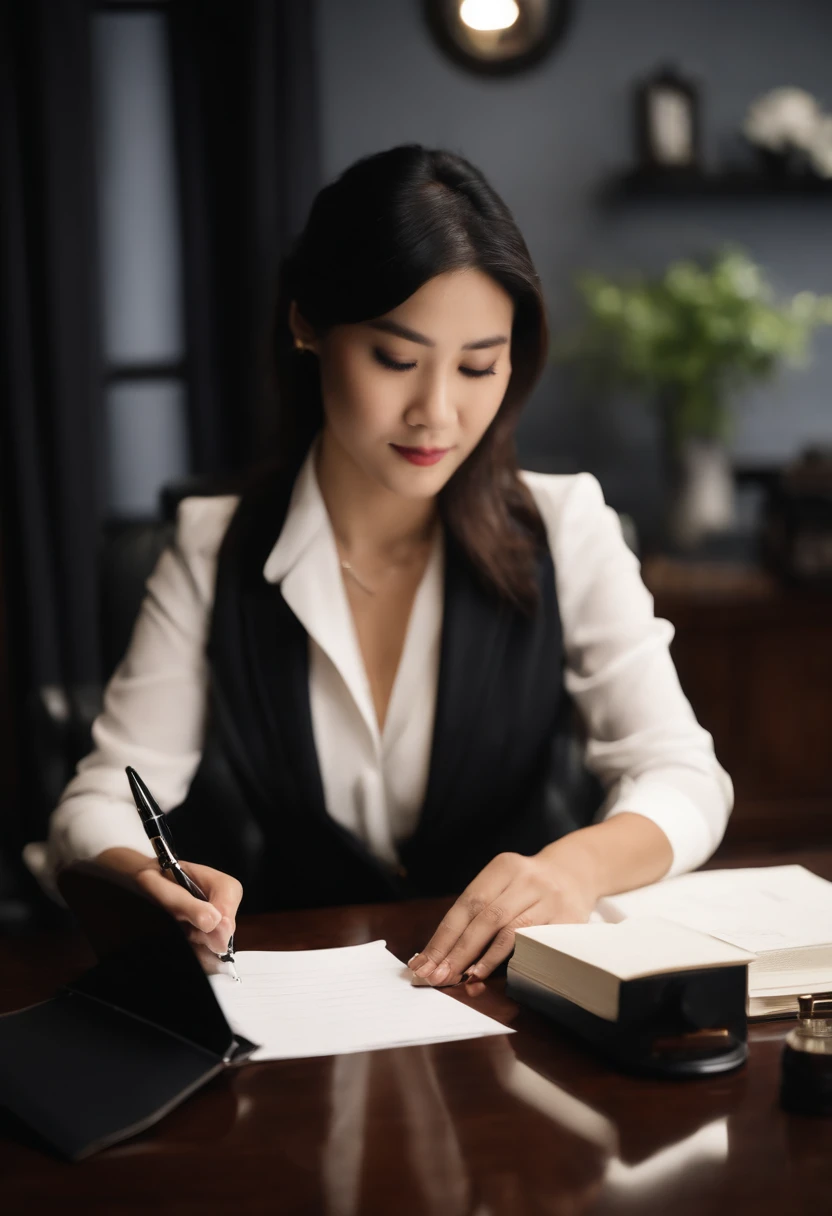 Wearing black leather gloves in both hands, upper body, black business suit, facing the desk in the modern study in the dark, looking down, smiling, writing a letter using a fountain pen, long, straight black hair, young and cute face Japanese female new employee (black leather gloves cover both hands)