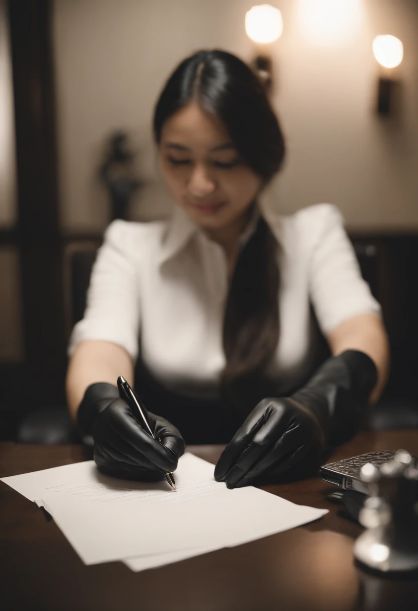 Wearing black leather gloves in both hands, upper body, black business suit, facing the desk in the modern study in the dark, looking down, smiling, writing a letter using a fountain pen, long, straight black hair, young and cute face Japanese female new employee (black leather gloves cover both hands)