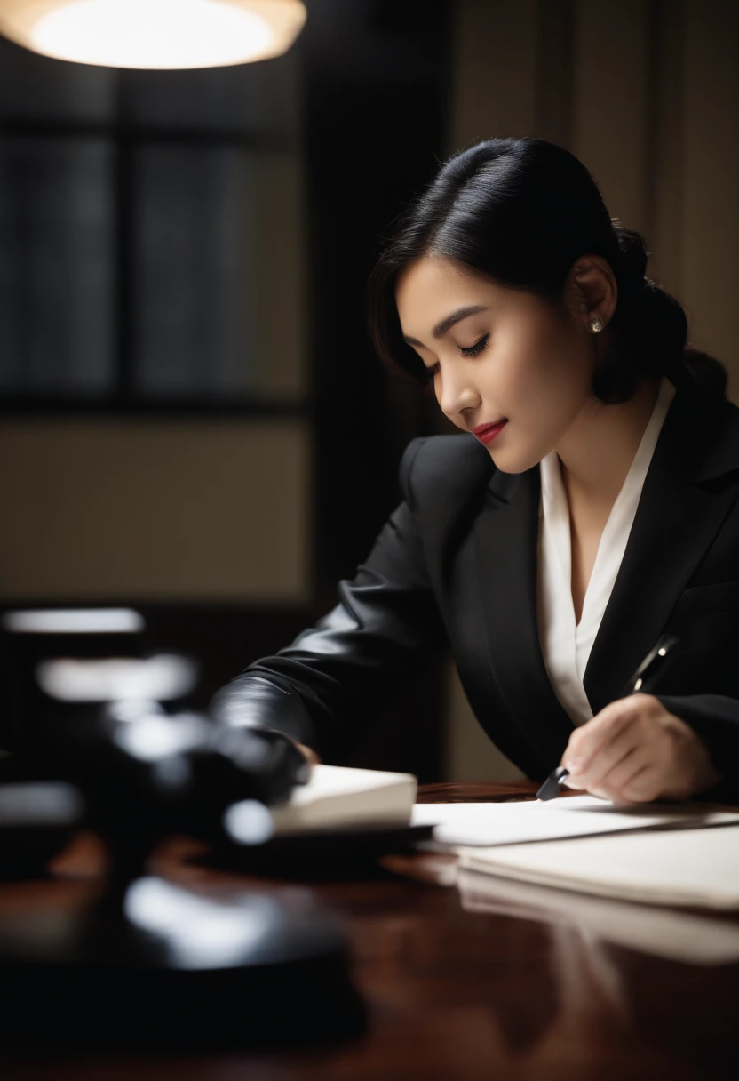 Wearing black leather gloves in both hands, upper body, black business suit, facing the desk in the modern study in the dark, looking down, smiling, writing a letter using a fountain pen, long, straight black hair, young and cute face Japanese female new employee (black leather gloves cover both hands)