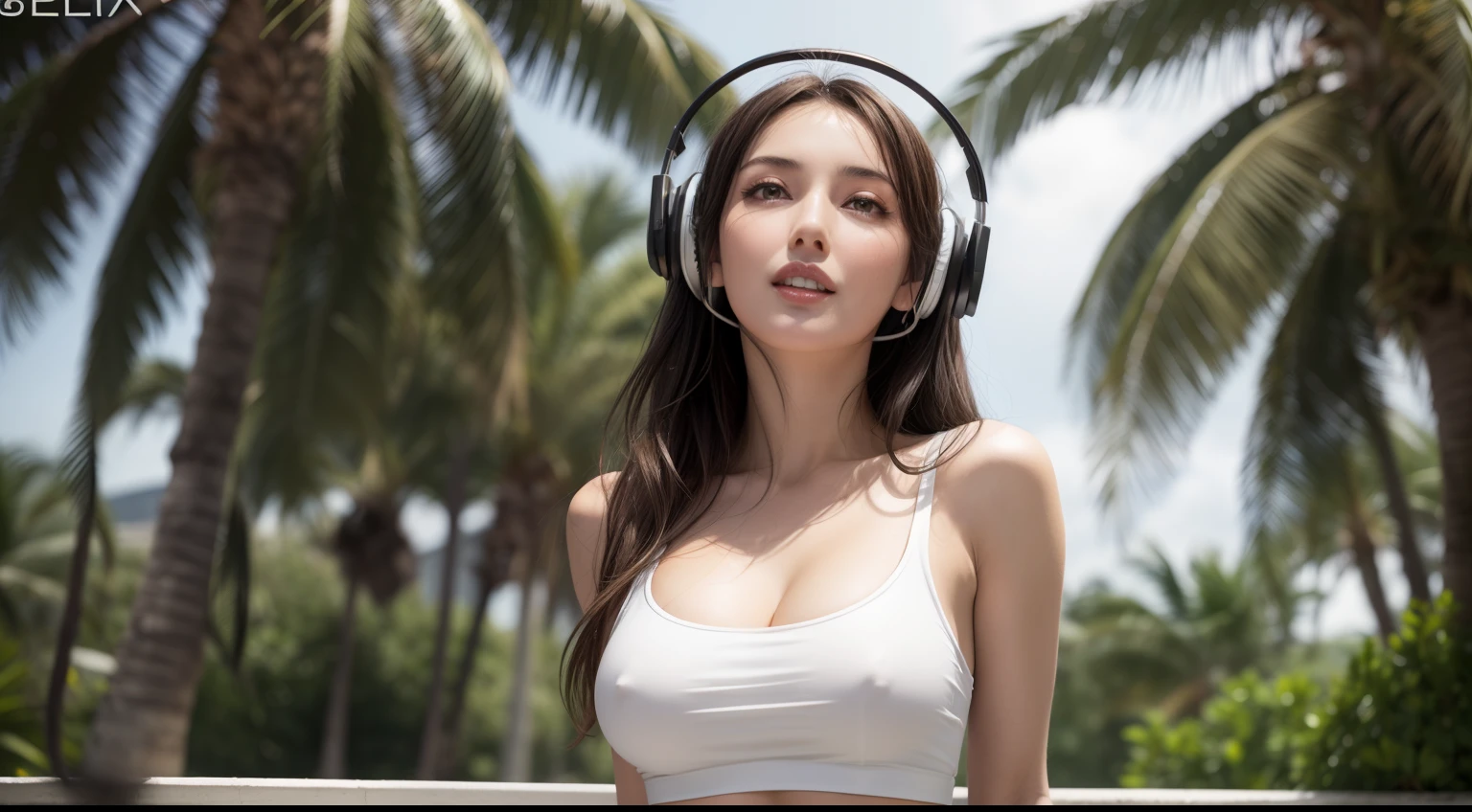 8K, Masterpiece, Raw foto, Best Quality, Photorealistic, Extreme Detail CG Unity 8K Wallpapers, Depth of field, Cinematic light, lens flares, Ray traching, (extremely beautiful face, beautiful lips, beautidful eyes), Intricate detail face, ((ultra detail skin)) 1Girl, (monica bellucci), (monica bellucci), (monica bellucci), (monica bellucci), (monica bellucci), (monica bellucci), (monica bellucci),1 Girl, (Very slender muscular body:1.3), ((looking up at viewer)),(big grin:1.3), (blured background), a faint light), (There are no people in the background.:1.3), beautiful earrings, wristband, necklaces, Pantyhose, Clear eyes, walking , Front Shot, (pale-skin), (Big Eyes), (Big Eyes) (Big Eyes), (Big Eyes), (Big Eyes), Facing Forward, (Full Body Shot), (ligh brown hair), Open the navel............, (looking up at viewer:1.3), Very slim, tits huge, tits huge, tits huge, tits huge, tits huge, A slender waist, Small hips, , A slender waist, Small hips, A slender waist, Small hips, A slender waist, Small hips, Revert, (White tank top T-shirt and ripped shorts, (seaside, waves, palm tree), (Wear large headphones for DJs), (Woman manipulating DJ mix equipment), (seaside, waves, palm tree), (Wear large headphones for DJs), (Woman manipulating DJ mix equipment)
