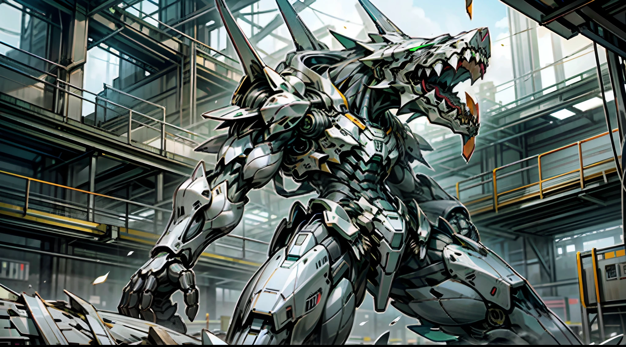 A thirty-meter-tall aggregation beast had completely torn open the hangar gate！

    Its head is constructed like a hammerhead shark，Three pairs of glowing green eyes are neatly coiled around the edge of the skull，The thick, powerful forelimbs allow it to stand hunched over，A claw about the size of a head is enough to shred any artificial armor，Three pointed ends covered in scales swung wantonly behind him。