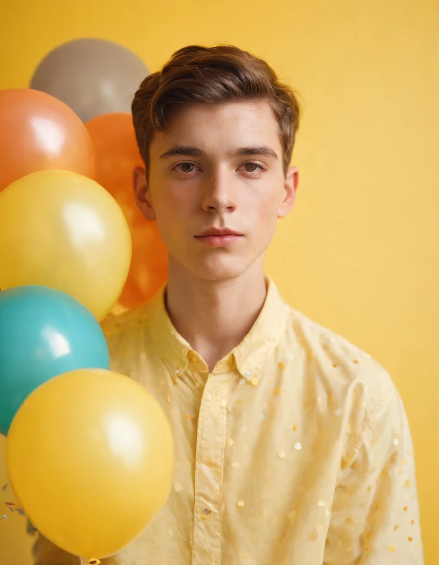 16-year-old boy, sitting on big violet balloon between legs, wearing green speedos, shirtless, abs, thin body, hugging green balloons, popping violet balloons, young teenager, handsome, slim body, athletic, youthful, boyish, cute, photography, realistic, cinematic, indoor soft lighting