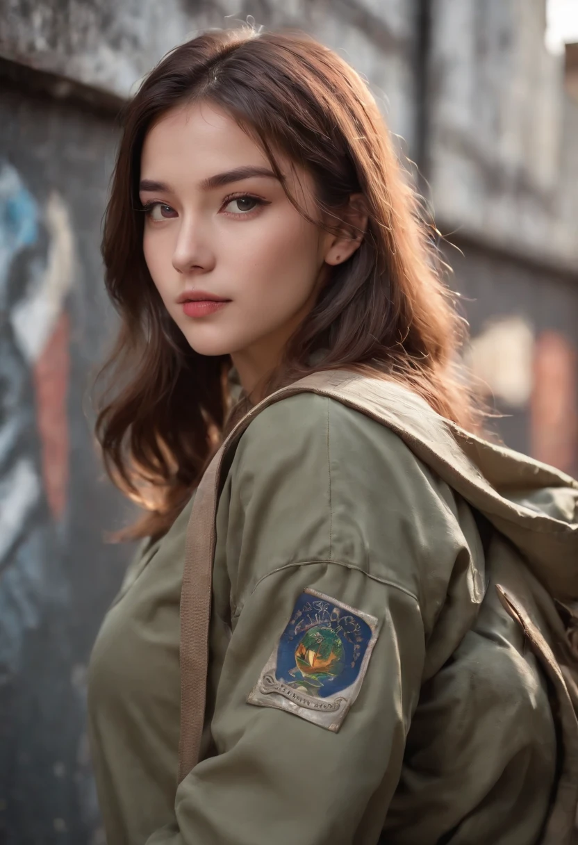 (Best Quality), Masterpiece, Highly detailed CG uniform 8K illustration, High Color, Very high saturation, All the colors have darkened, paints, Graffiti art, Center composition, Very delicate light and shadow, Graffiti Wall, The walls were brightly painted, 1 Girl Doodle 1 Girl looking at the wall, highly detailed face and eyes, middle length hair, Sportswear, Colored clouds,upper body