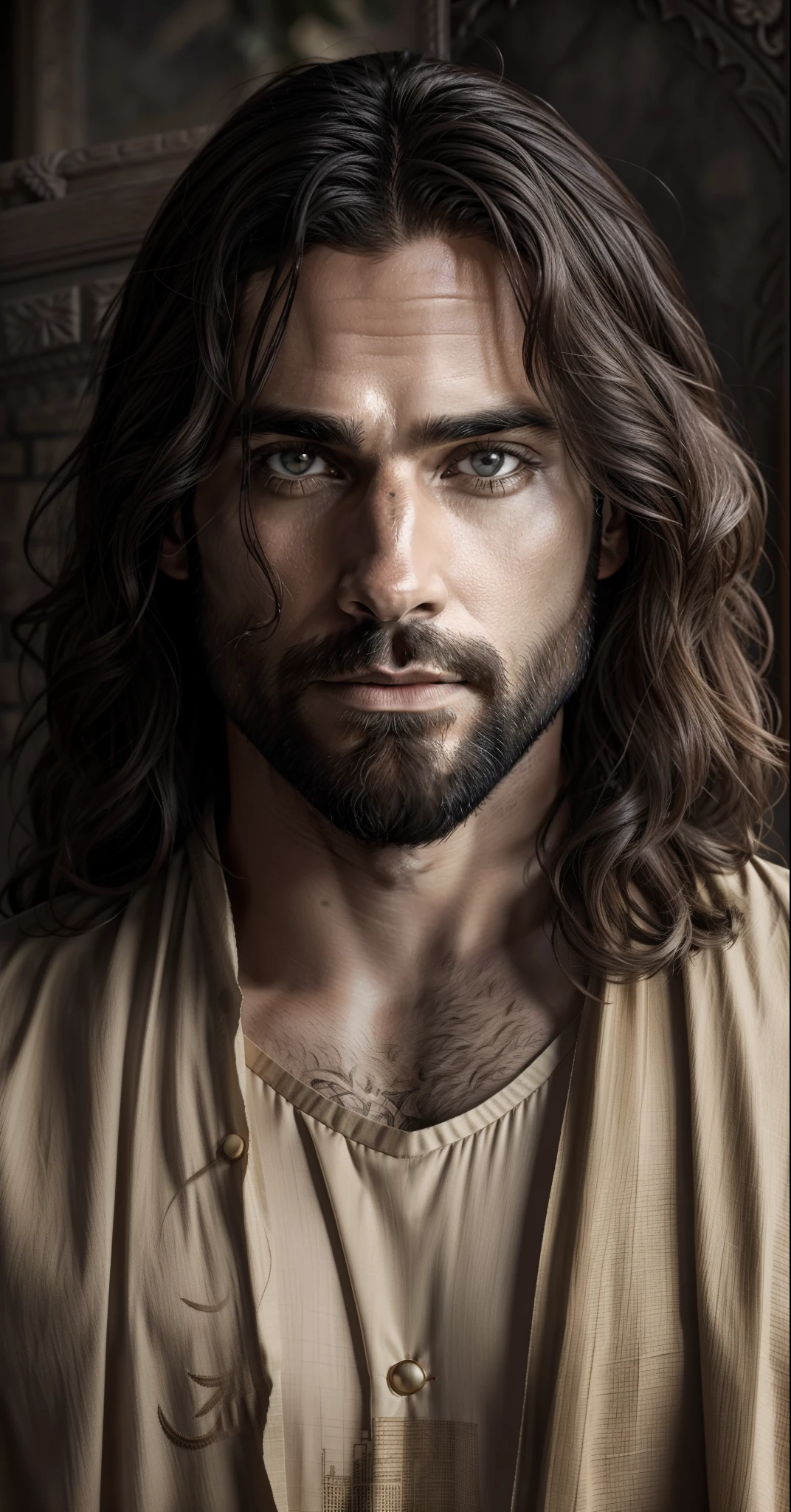 Seth Rollins as Jesus Christ, focus on the details of the face, similar to seth rollins, wearing long beige tunic of Jesus, Jesus style of the Bible, realistic image, background of the heavenly garden image with animals and flowers, best quality, 8k, focus on the details.