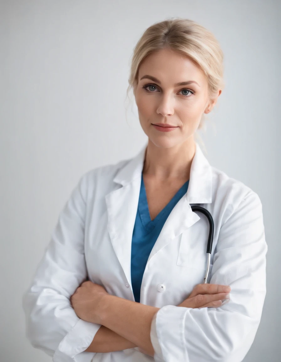 blond doctor with stethoscope over his neck, posing with arms crossed, white background, in the style of ultrafine detail, high quality photo, 35 mm f/2.4