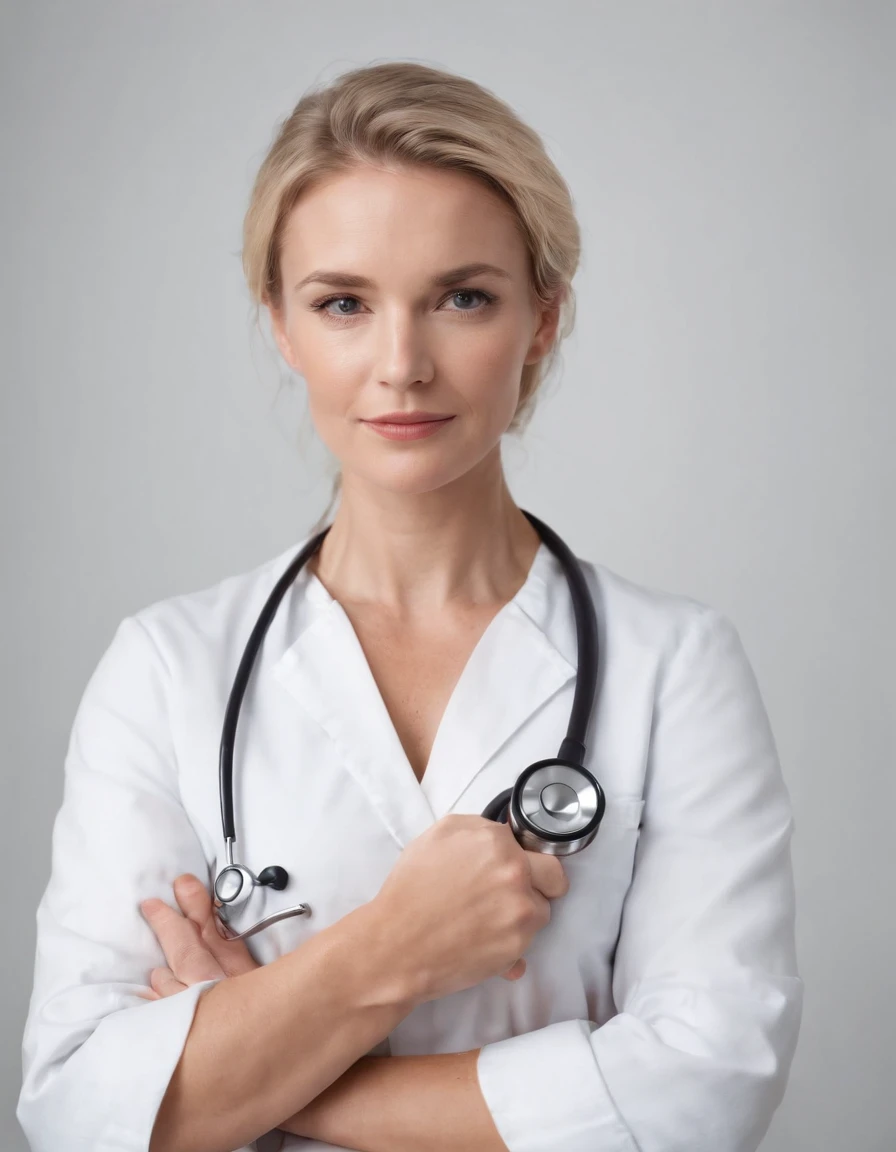 blond doctor with stethoscope over his neck, posing with arms crossed, white background, in the style of ultrafine detail, high quality photo, 35 mm f/2.4
