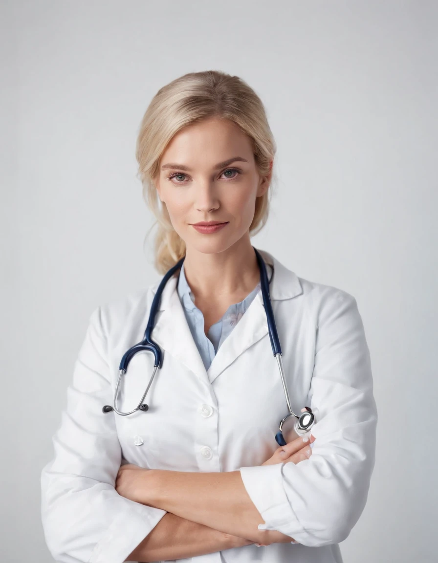 blond doctor with stethoscope over his neck, posing with arms crossed, white background, in the style of ultrafine detail, high quality photo, 35 mm f/2.4,upper body