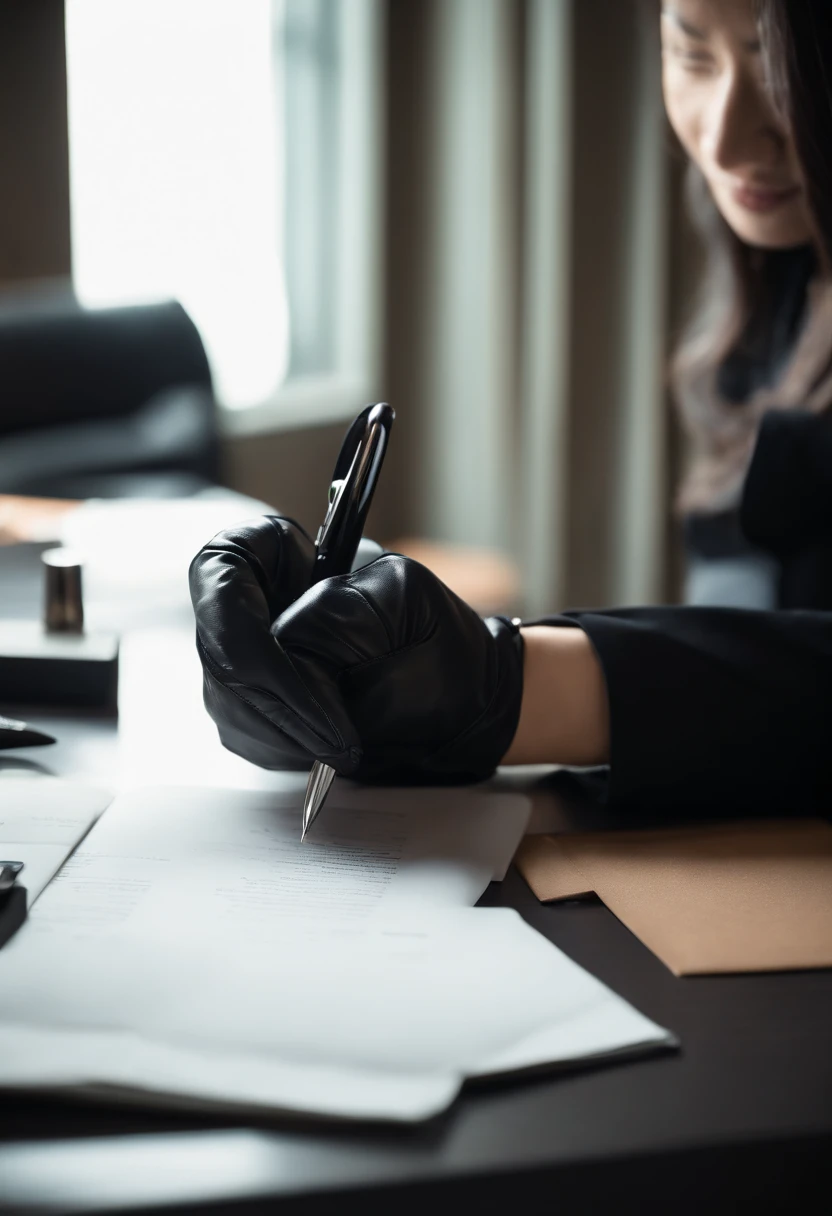 Wearing black leather gloves in both hands, upper body, black business suit, facing the desk in the modern study in the dark, looking down, smiling, writing a letter using a fountain pen, long, straight black hair, young and cute face Japanese female new employee (black leather gloves cover both hands)