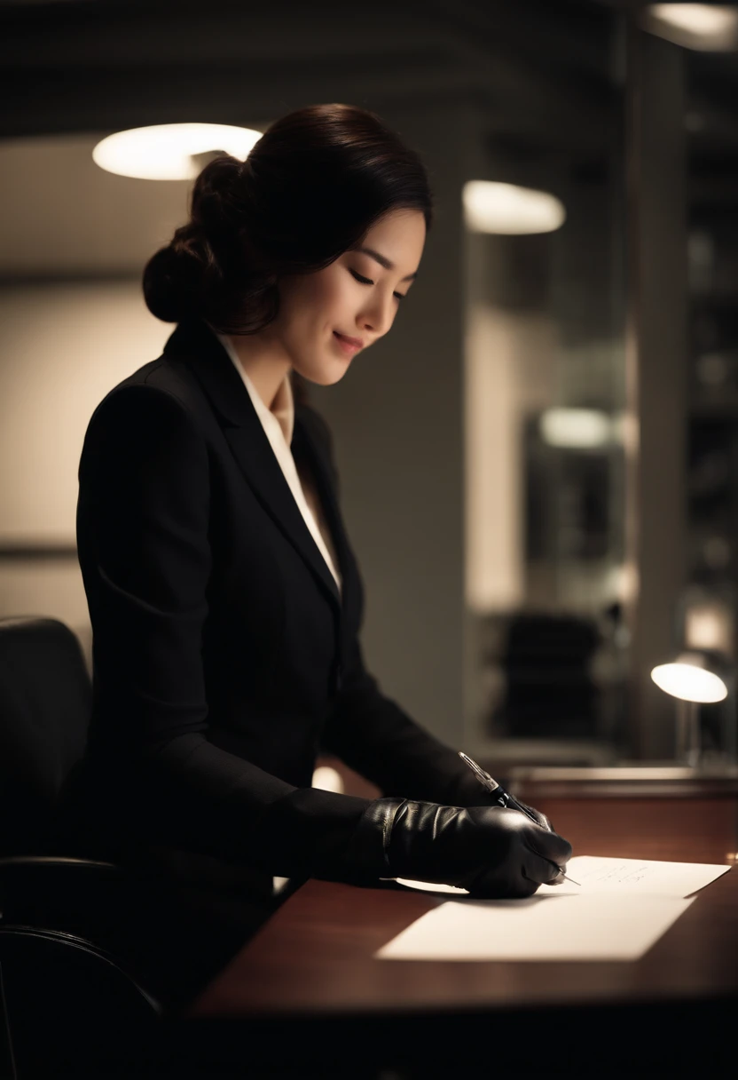 Wearing black leather gloves in both hands, upper body, black business suit, facing the desk in the modern study in the dark, looking down, smiling, writing a letter using a fountain pen, long, straight black hair, young and cute face Japanese female new employee (black leather gloves cover both hands)