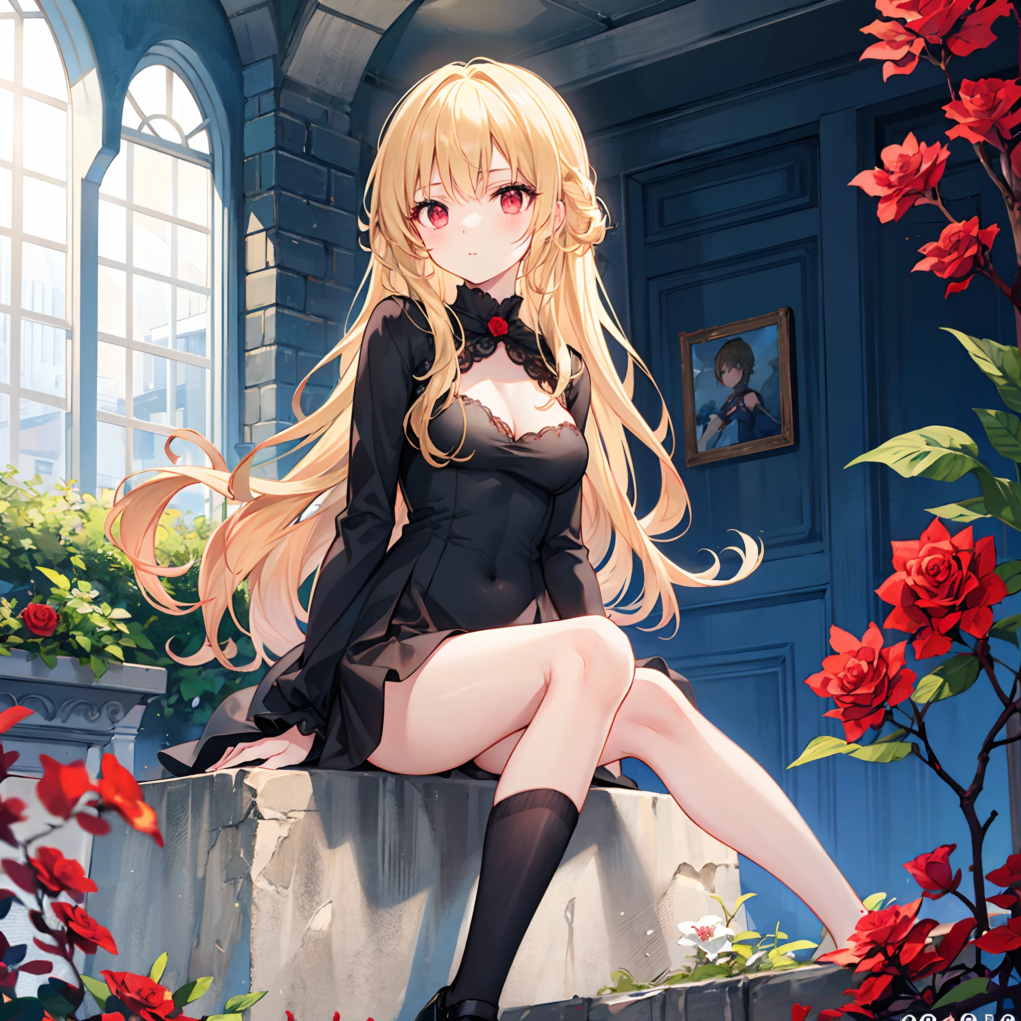 Wavy blonde、red eyes、Beautiful girl alone、Black dress、gravure、sitting on、rose garden、Black tights