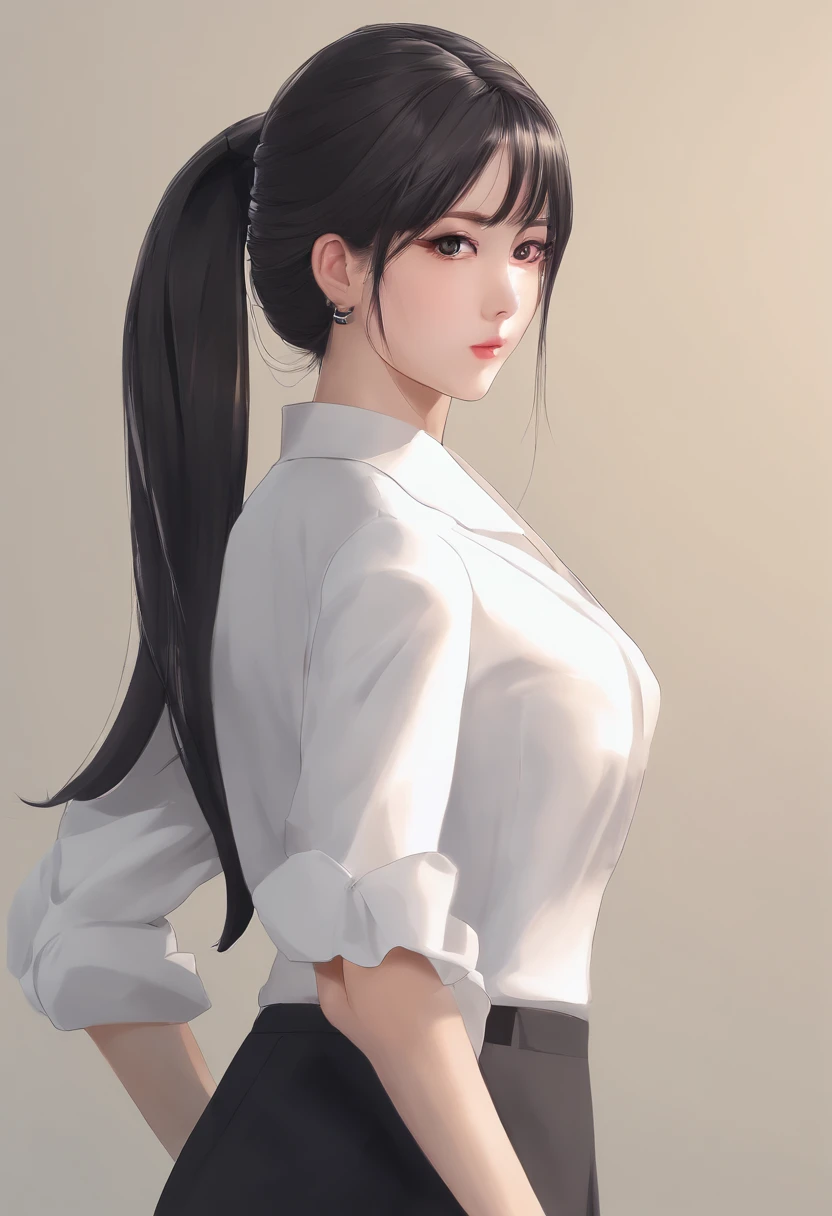 (best quality, ultra-detailed, photorealistic:1.37), CG, anime-style, flowing black hair, piercing black eyes, porcelain-like skin, beautiful and detailed eyes, Japanese girl, elegant girl, dressed in professional attire, stylish white blouse and pencil skirt, fashionable lady, businesswoman, gentle expression, frontal shot, medium shot, bust, age atmosphere, ponytail, archiving, small bust, youthful cheeks