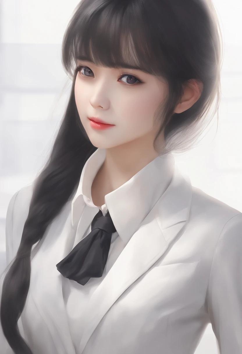 (best quality, ultra-detailed, photorealistic:1.37), CG, anime-style, flowing black hair, piercing black eyes, porcelain-like skin, beautiful and detailed eyes, Japanese girl, elegant girl, dressed in professional attire, stylish white blouse and pencil skirt, fashionable lady, businesswoman, gentle expression, frontal shot, medium shot, bust, age atmosphere, ponytail, archiving, small bust, youthful cheeks